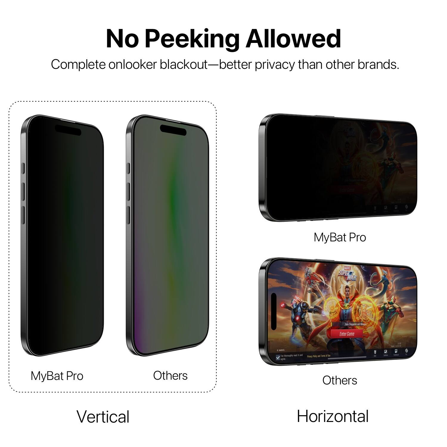 No Peeking Allowed  
Complete onlooker blackout—better privacy than other brands.  

MyBat Pro  
Others  

Vertical  

MyBat Pro  
Others  

Horizontal