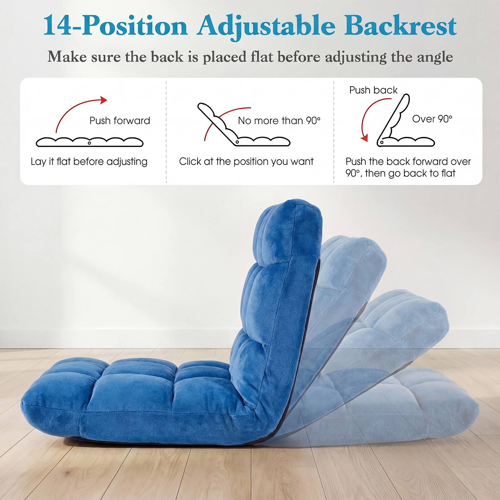 14-Position Adjustable Backrest

Make sure the back is placed flat before adjusting the angle

Push forward
Lay it flat before adjusting

No more than 90°
Click at the position you want

Push back
Over 90°
Push the back forward over 90°, then go back to flat