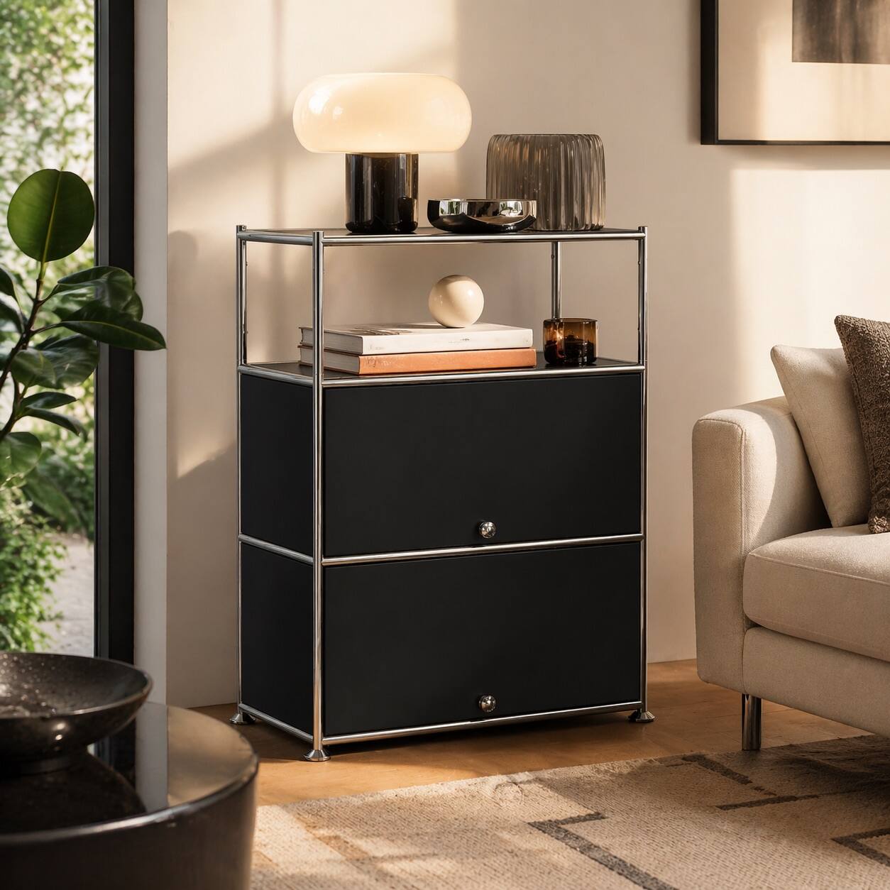 Angle. Malletson - 3 Tier Modular Metal Sideboard Storage Cabinet, Modern Grid-Style, for Gaming Room, Living Room or Office - Black.