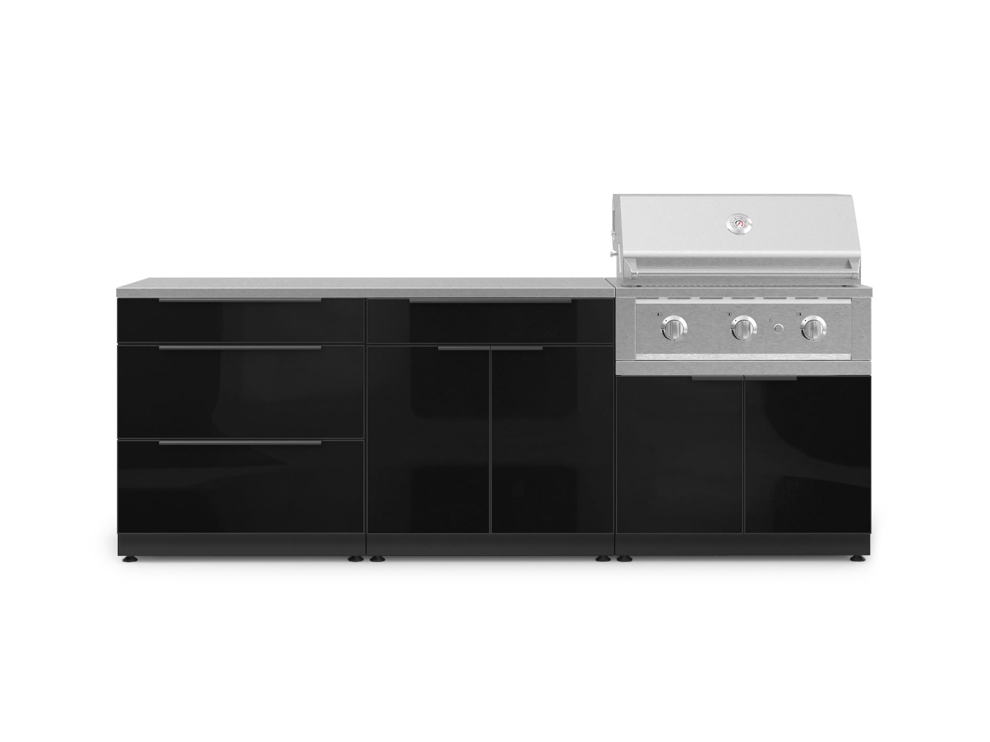 Front. NewAge Products - Outdoor Kitchen Aluminum 5 Piece Cabinet Set With 3 Drawer, Bar, Grill Cabinet, Performance Grill and Countertop - Black.