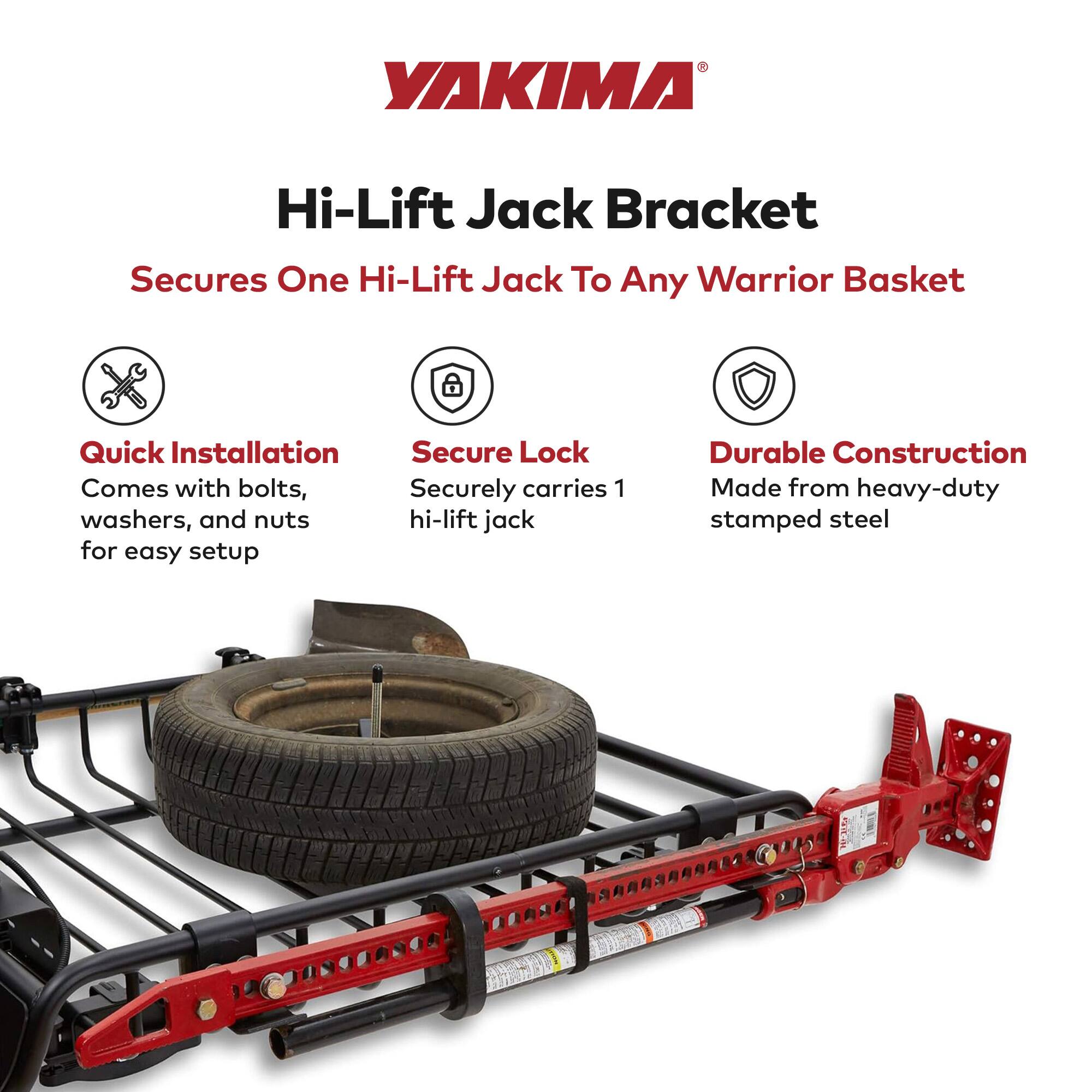 YAKIMA Hi-Lift Jack Bracket Secures One Hi-Lift Jack To Any Warrior Basket

Quick Installation
- Comes with bolts, washers, and nuts for easy setup

Secure Lock
- Securely carries 1 hi-lift jack

Durable Construction
- Made from heavy-duty stamped steel