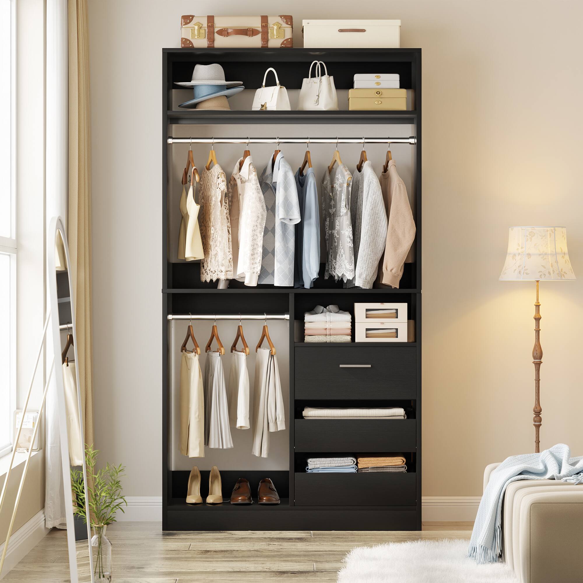 Alt View 2. Aheaplus - 36" Freestanding Closet Organizer with 3 Drawers, 2 Hanging Rods & Shoe Storage - Black.