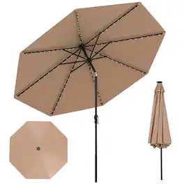 Costway - 10 FT Solar Patio Umbrella with 96 Multi-colored LED Lights & 9 Modes Vented Top - Brown