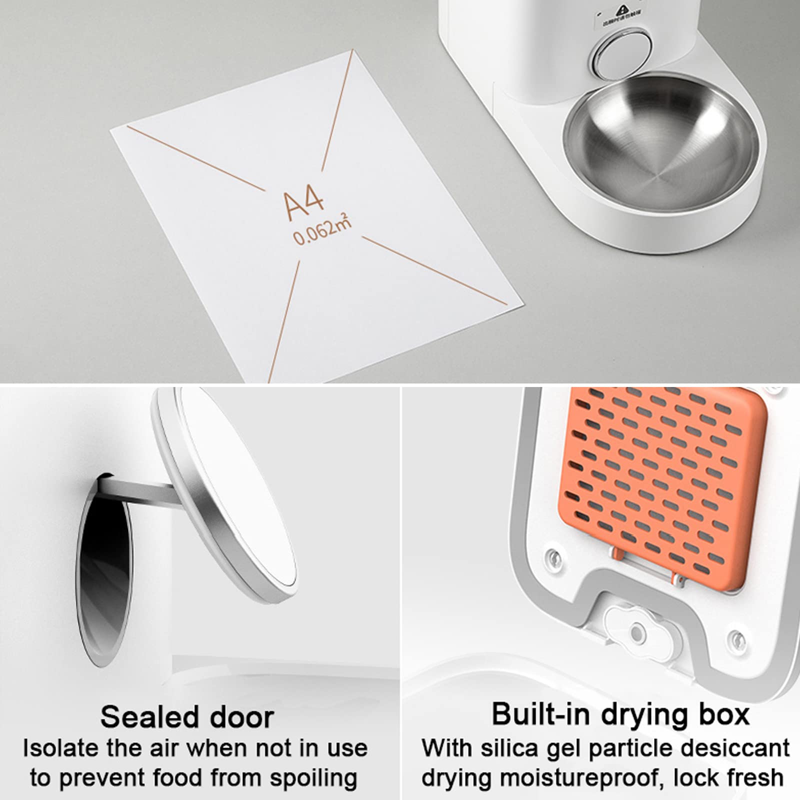 A4  
0.062 m²

Sealed door  
Isolate the air when not in use to prevent food from spoiling

Built-in drying box  
With silica gel particle desiccant drying moistureproof, lock fresh