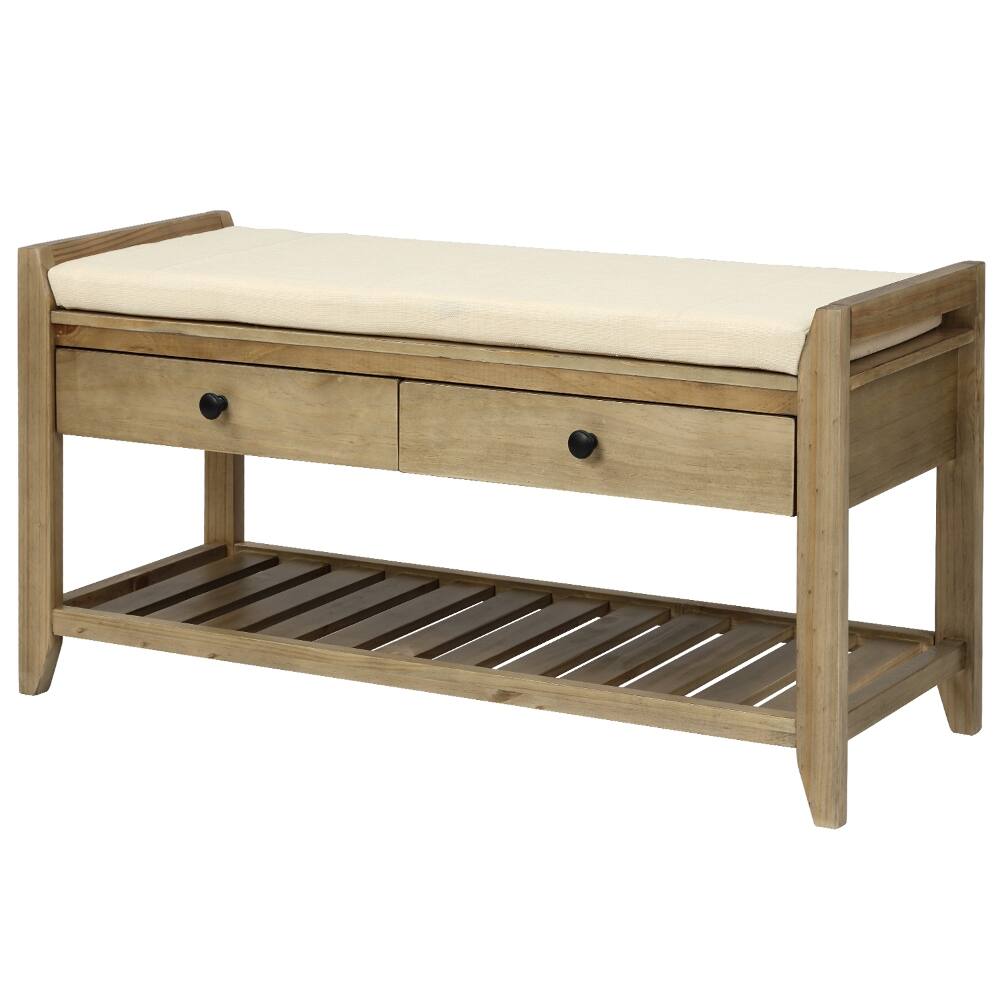 Back. Ropilly - Ropilly Entryway Storage Bench with Cushioned Seat and Drawers, Gray Wash Wooden Shoe Rack Bench - Gray Wash.