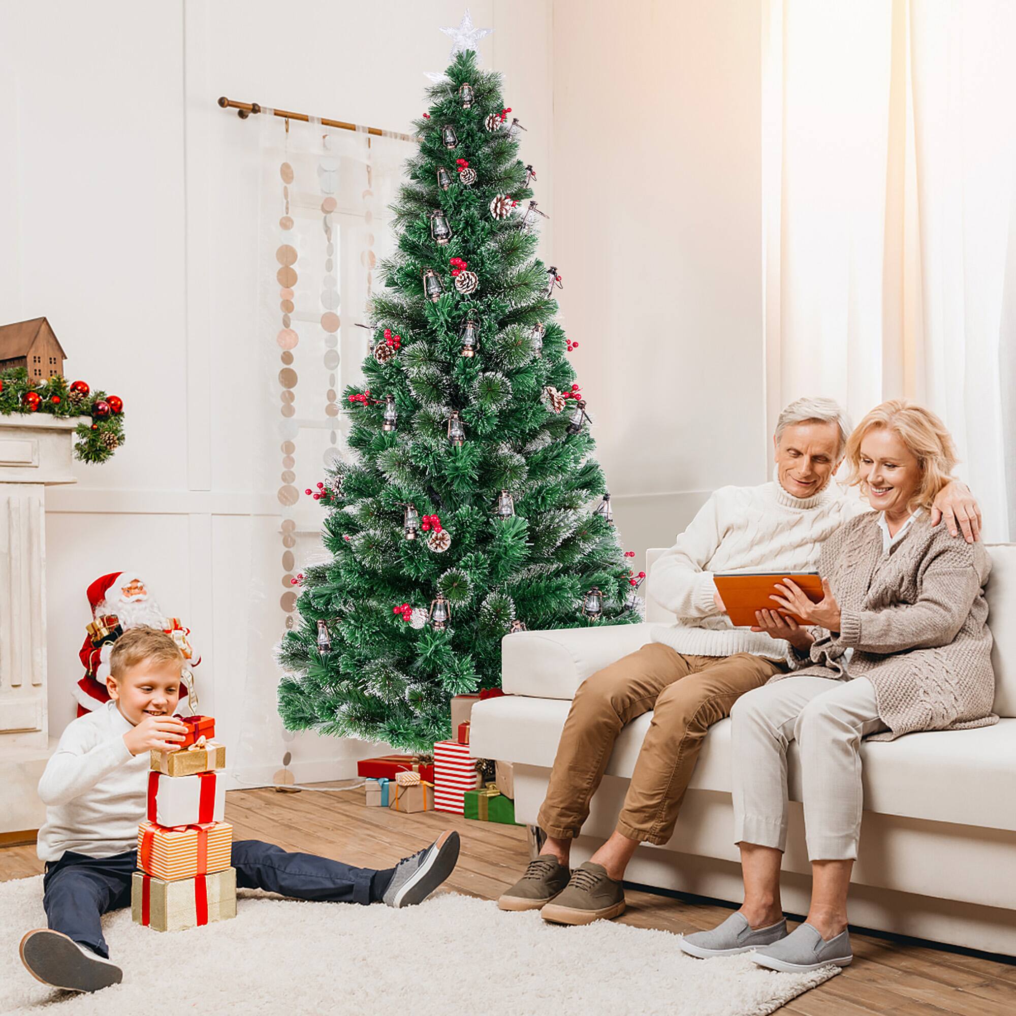 Alt View 4. Gymax - Gymax 7 FT Christmas Tree Artificial Xmas Tree w/ 8 Lighting Modes 80 Warm LED Lights - Green, White.