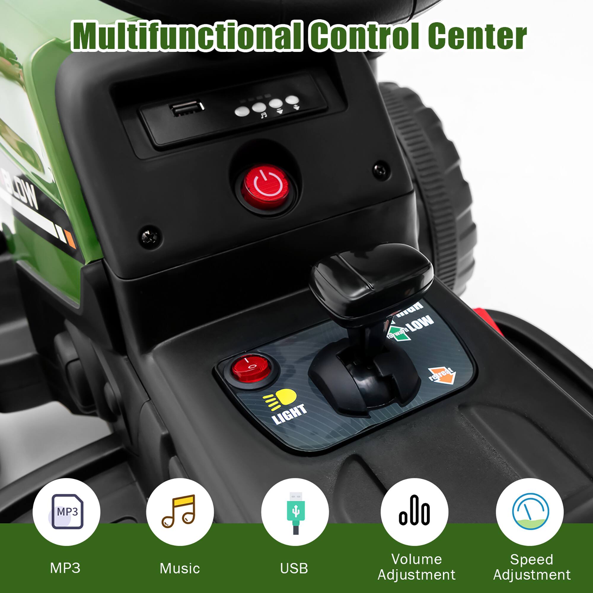 Multifunctional Control Center

- MP3
- Music
- USB
- Volume Adjustment
- Speed Adjustment