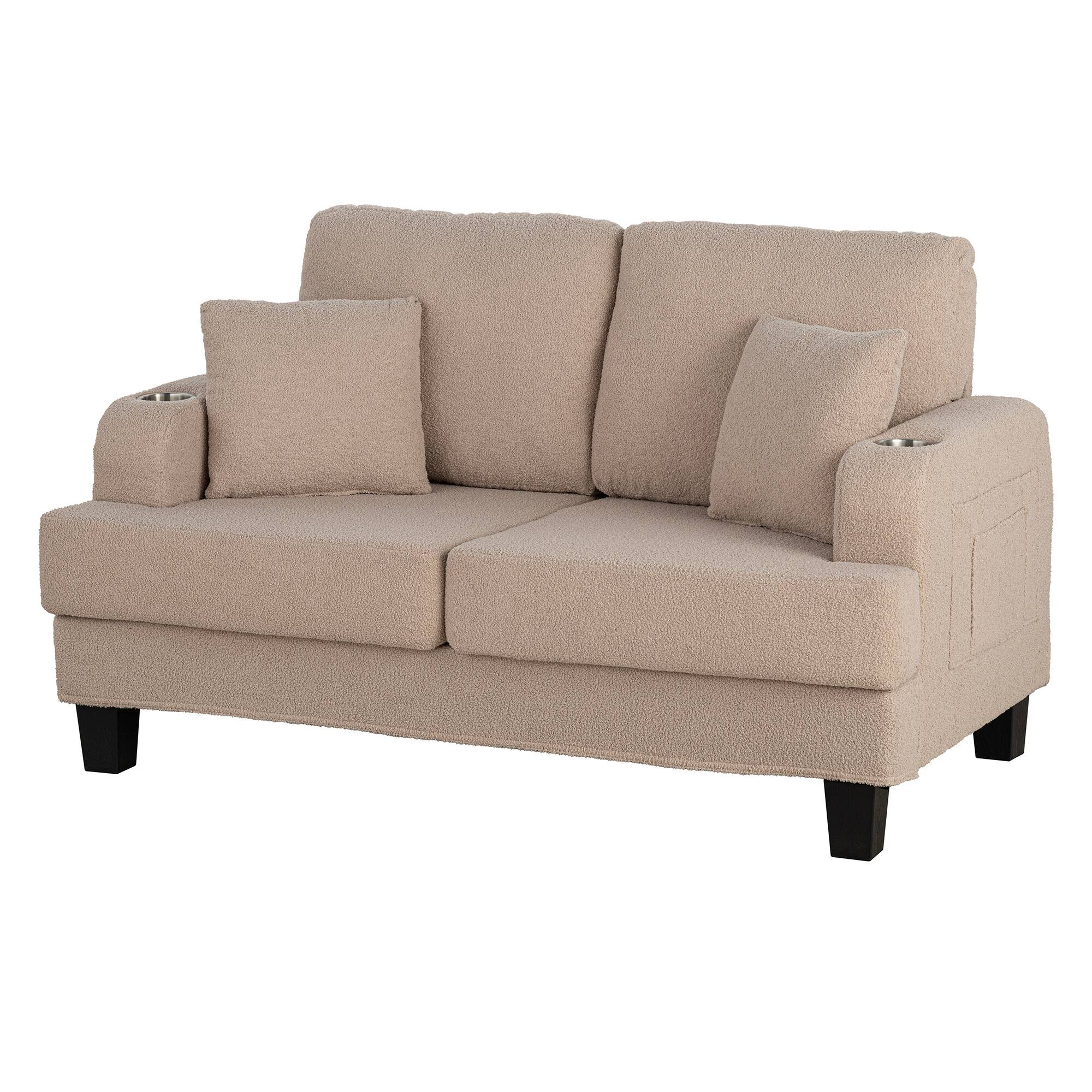 Angle. Vaczon - 60" Loveseat Sofa with 2 Cup Holders and 2 Throw Pillows, Modern Upholstered 2-Seater Couch for Living Room or Apartment - Beige.