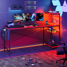 Front. Bestier - Gaming Desk with LED Lights, Storage Shelves, and Side Bag - 61" wide - Carbon Fiber Black.