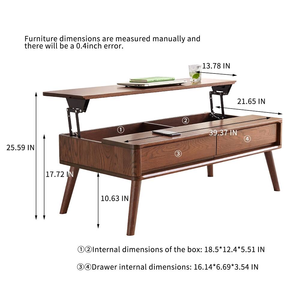 Furniture dimensions are measured manually and there will be a 0.4inch error. 13.78 IN 21.65 IN 25.59 IN 17.72 IN 10.63 IN Internal dimensions of the box: 18.5*12.4*5.51 IN Drawer internal dimensions: 16.14*6.69*3.54 IN