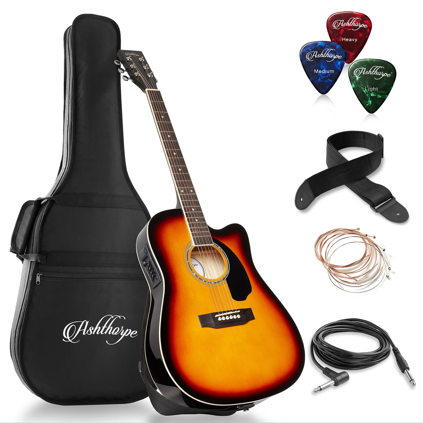 Ashthorpe - Full-Size Cutaway Thinline Acoustic-Electric Guitar w/ Gig Bag and EQ - Sunburst