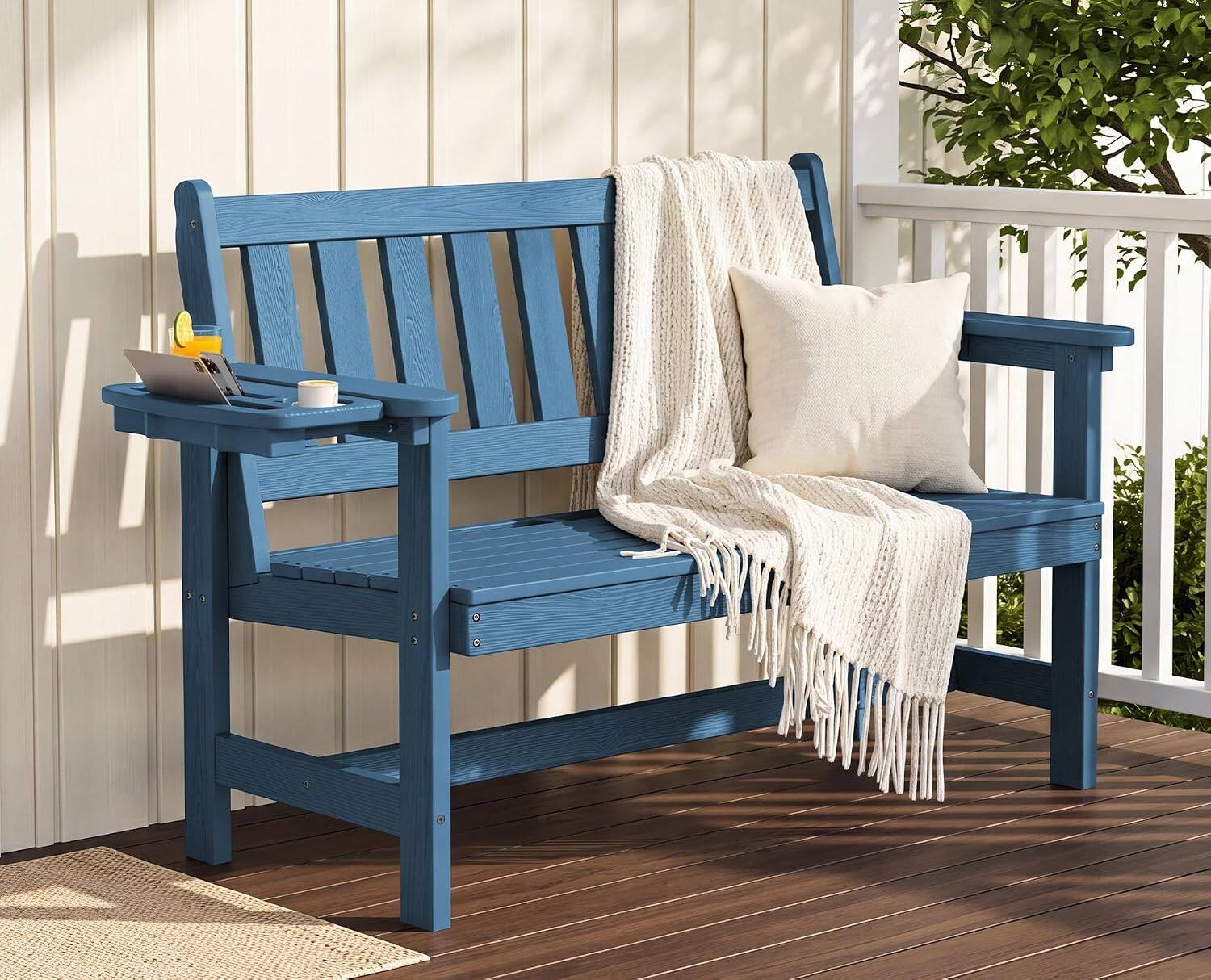 Alt View 1. SERWALL - SERWALL HDPE Outdoor Bench with Cup Holder, 660 lbs Weight Capacity Weatherproof Porch Bench for Garden Park, Blue - Blue.
