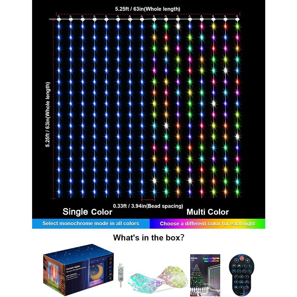 5.25ft / 63in (Whole length)  
0.33ft / 3.94in (Bead spacing)  

Single Color  
Select monochrome mode in all colors  

Multi Color  
Choose a different color for each light  

What's in the box?  
- Curtain Lights  
- Remote Control  
- Instructions