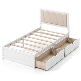 Costway - Twin Size Bed Frame with 2 Storage Drawers Upholstered Headboard Wood Structure - White,Beige