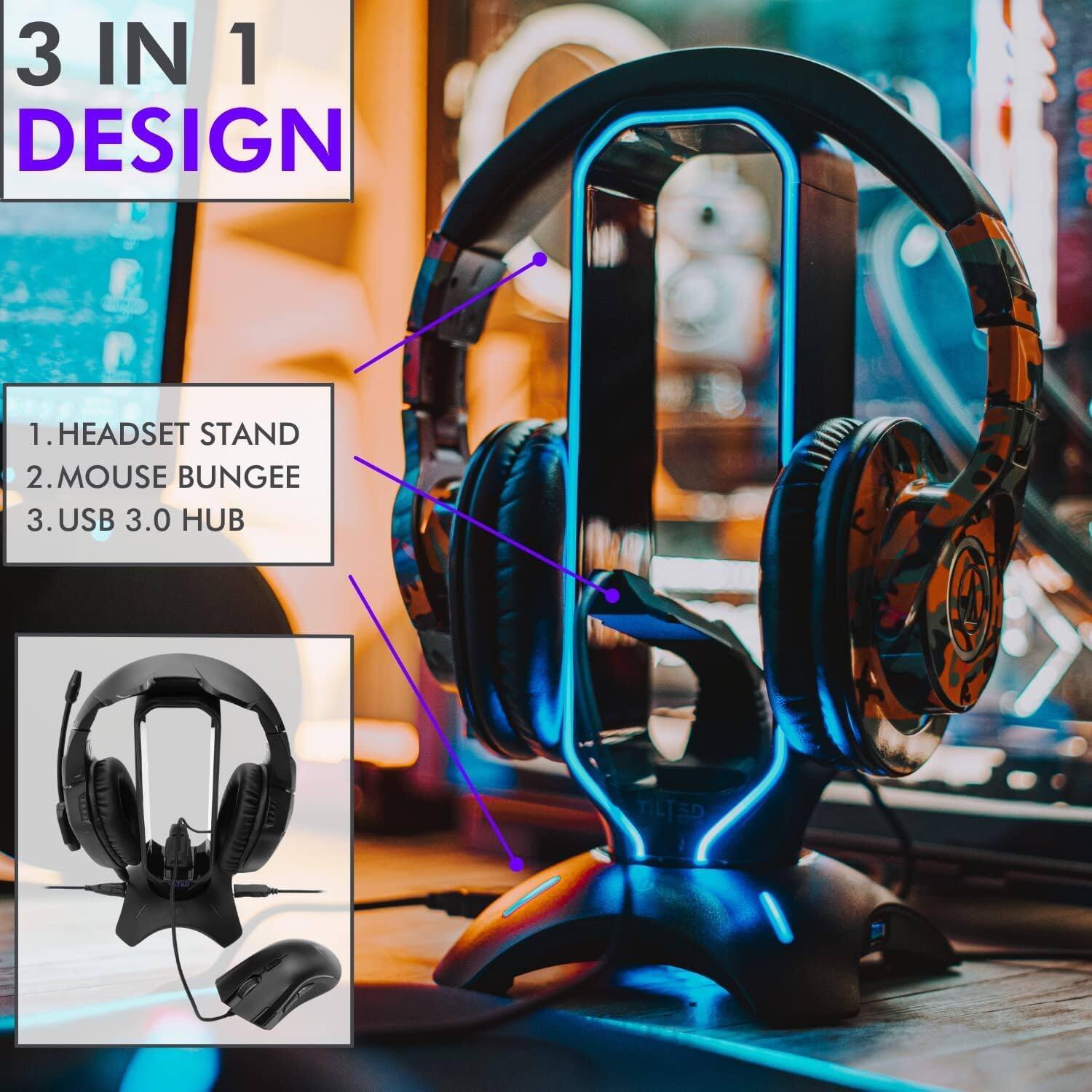 3 IN 1 DESIGN

1. HEADSET STAND
2. MOUSE BUNGEE
3. USB 3.0 HUB
