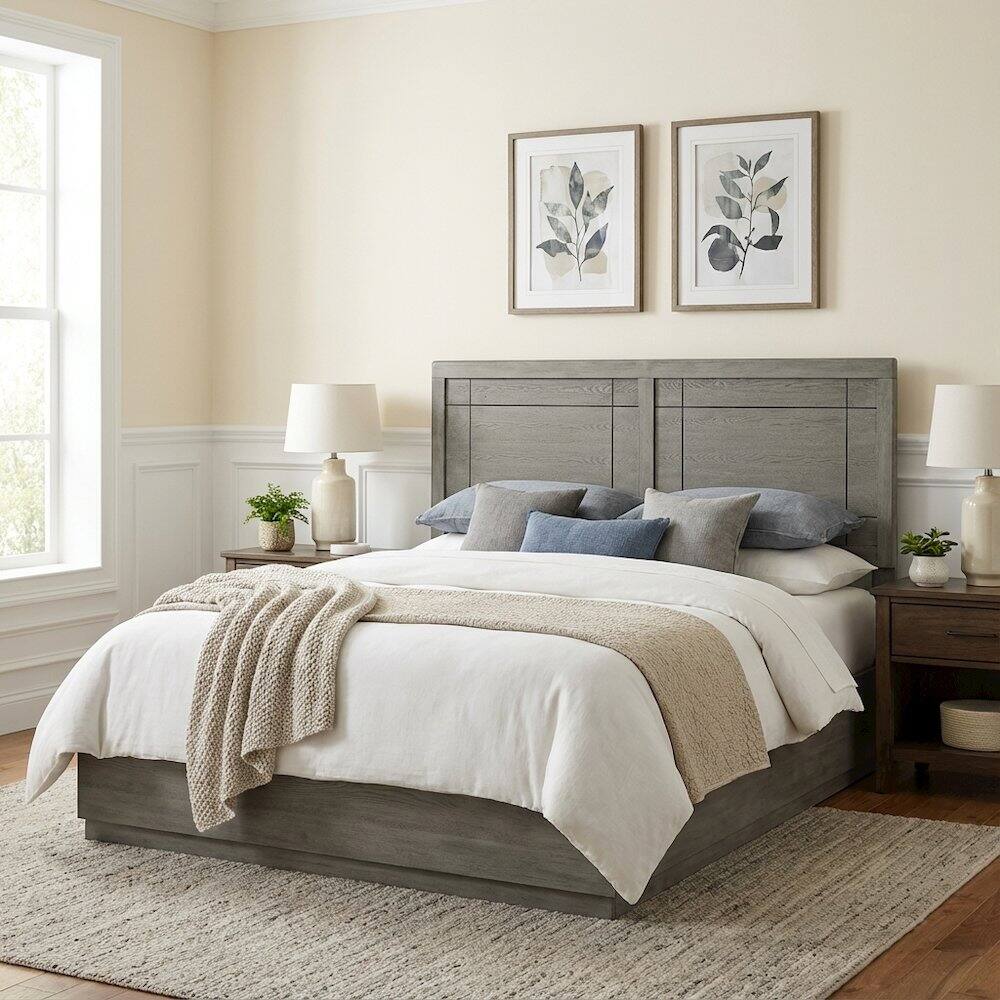 Left. FurniFact - Wood Full Headboard with Classic Design for Comfortable Bedroom Upgrade - Gray.