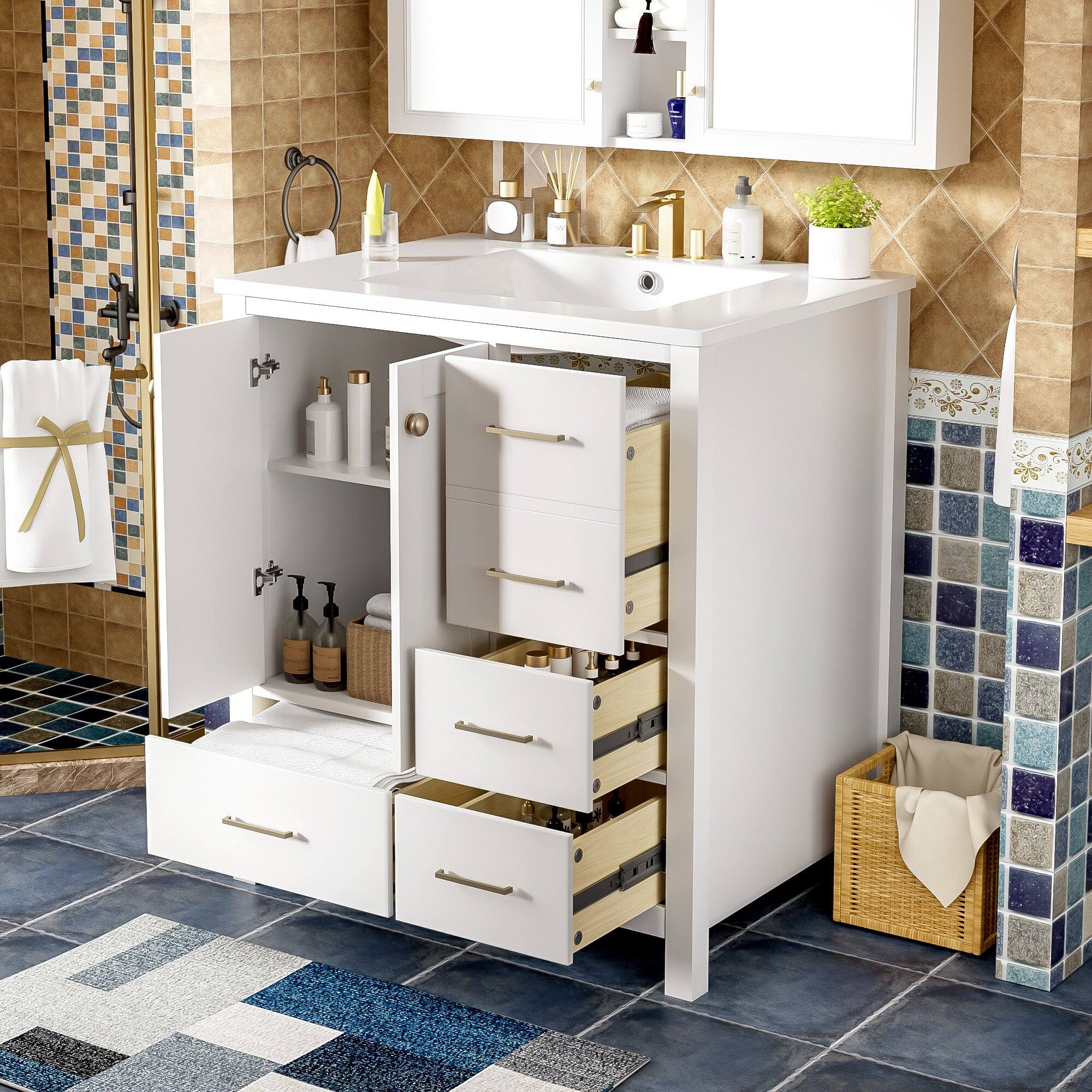 Alt View 5. Boyel Living - 30 Inch Modern Bathroom Vanity White with Ceramic Sink 4 Drawers 1 Cabinet - White.