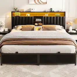 Aheaplus - King Bed Frame with Upholstered Headboard, Platform Bed Frame with Power Outelts and LED Lights - Black