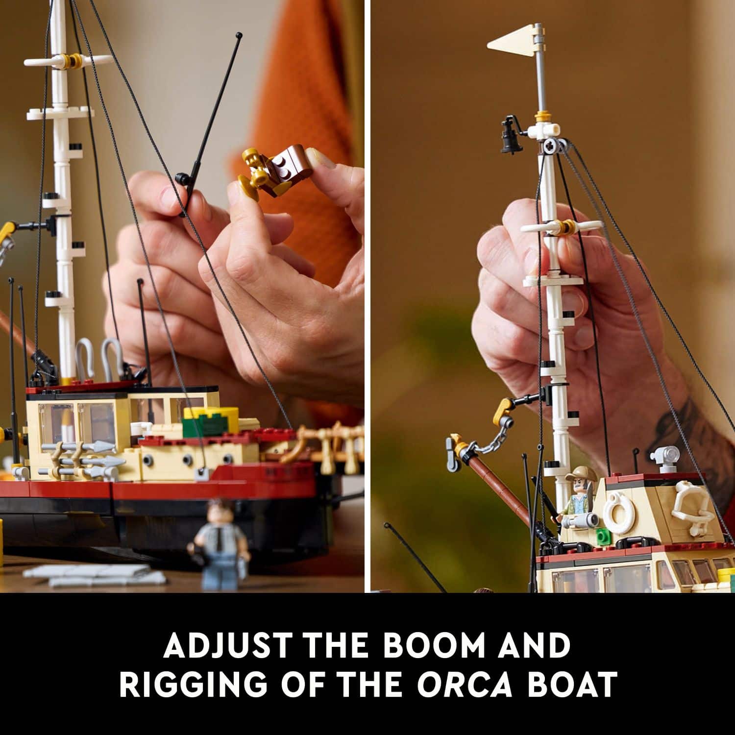 Adjust the boom and rigging of the orca boat.