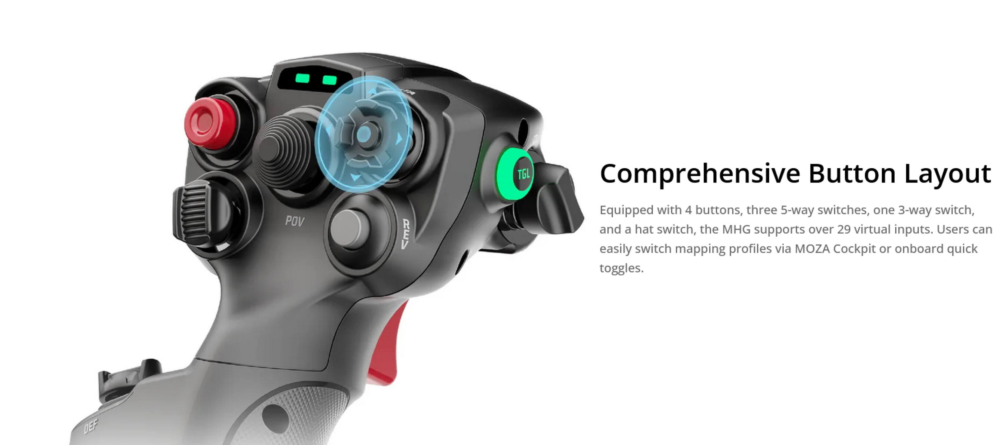 Comprehensive Button Layout

Equipped with 4 buttons, three 5-way switches, one 3-way switch, and a hat switch, the MHG supports over 29 virtual inputs. Users can easily switch mapping profiles via MOZA Cockpit or onboard quick toggles.