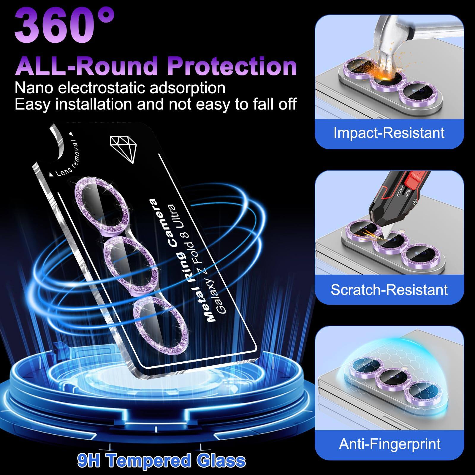 360° ALL-Round Protection  
Nano electrostatic adsorption  
Easy installation and not easy to fall off  
Impact-Resistant  
Scratch-Resistant  
Anti-Fingerprint  
9H Tempered Glass