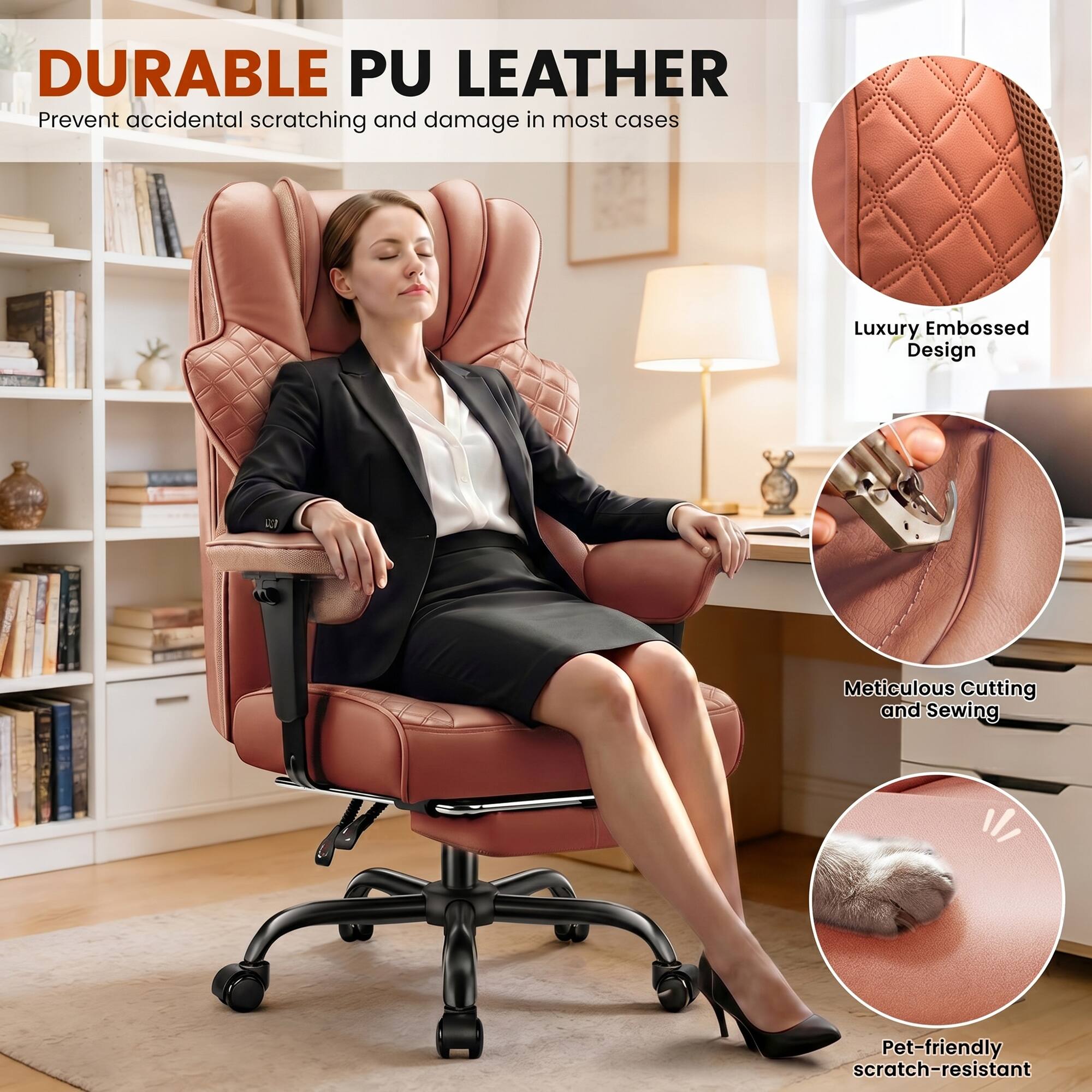 DURABLE PU LEATHER  
Prevent accidental scratching and damage in most cases

Luxury Embossed Design

Meticulous Cutting and Sewing

Pet-friendly scratch-resistant