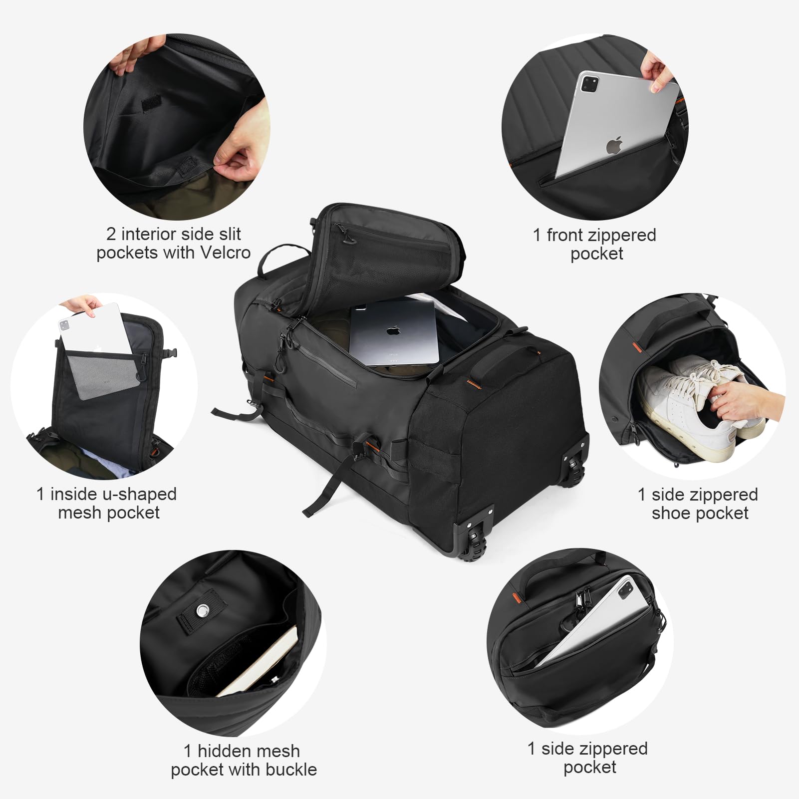 - 2 interior side slit pockets with Velcro
- 1 front zippered pocket
- 1 inside u-shaped mesh pocket
- 1 side zippered shoe pocket
- 1 hidden mesh pocket with buckle
- 1 side zippered pocket