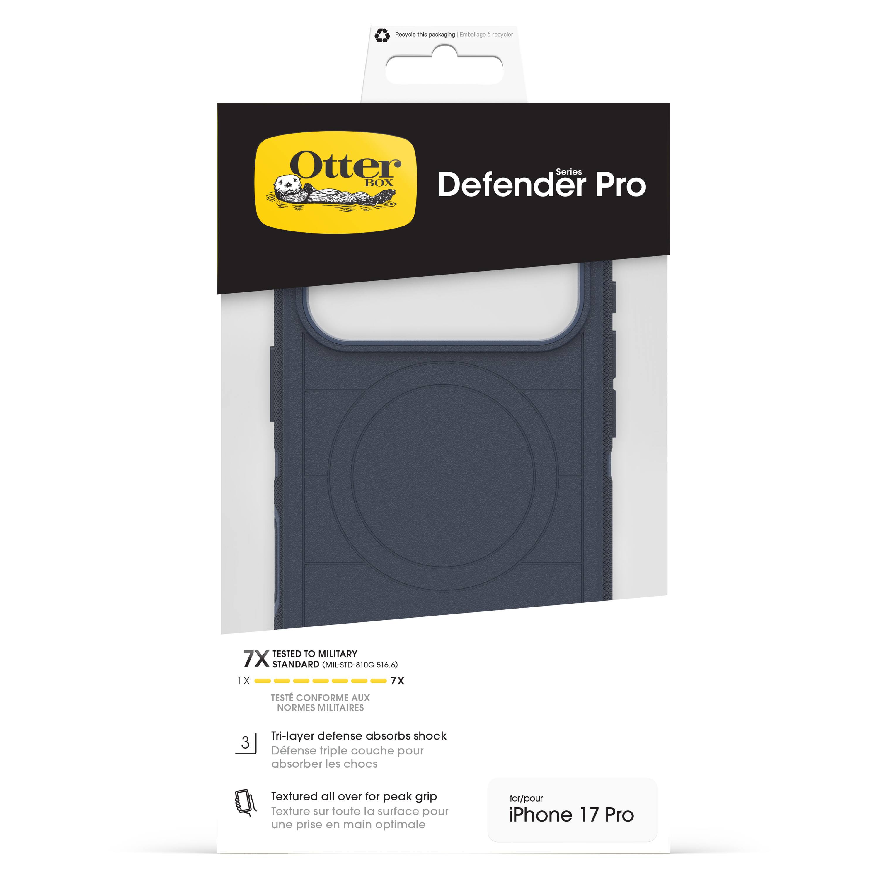 Sure, here is the corrected and grouped text from the image:

---

**Otter Box**

**Defender Pro**

**Series**

**7X TESTED TO MILITARY STANDARD (MIL-STD-810G 516.6)**

**1X**

**TESTE CONFORME AUX NORMES MILITAIRES**

**3 Tri-layer defense absorbs shock**

**Défense triple couche pour absorber les chocs**

**Textured all over for peak grip**

**Texture sur toute la surface pour une prise en main optimale**

**for/pour iPhone 17 Pro**

---

**Recycle this package**