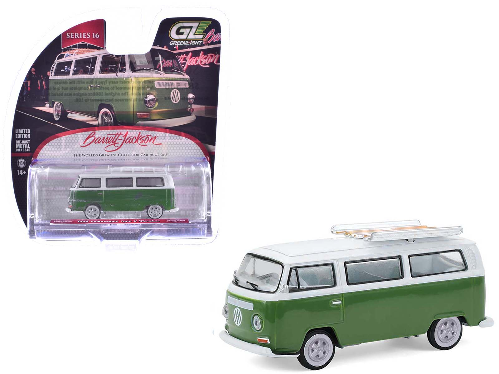 **SERIES 16**

**LIMITED EDITION DIE-CAST METAL CHASSIS**

**Greenlight**

**Barrett-Jackson**

**THE WORLD'S GREATEST COLLECTOR CAR AUCTIONS**

**1:64**

**14+**

**Barrett-Jackson**

**Greenlight**

**1969 Volkswagen Type 2 Microbus**

**Barrett-Jackson**