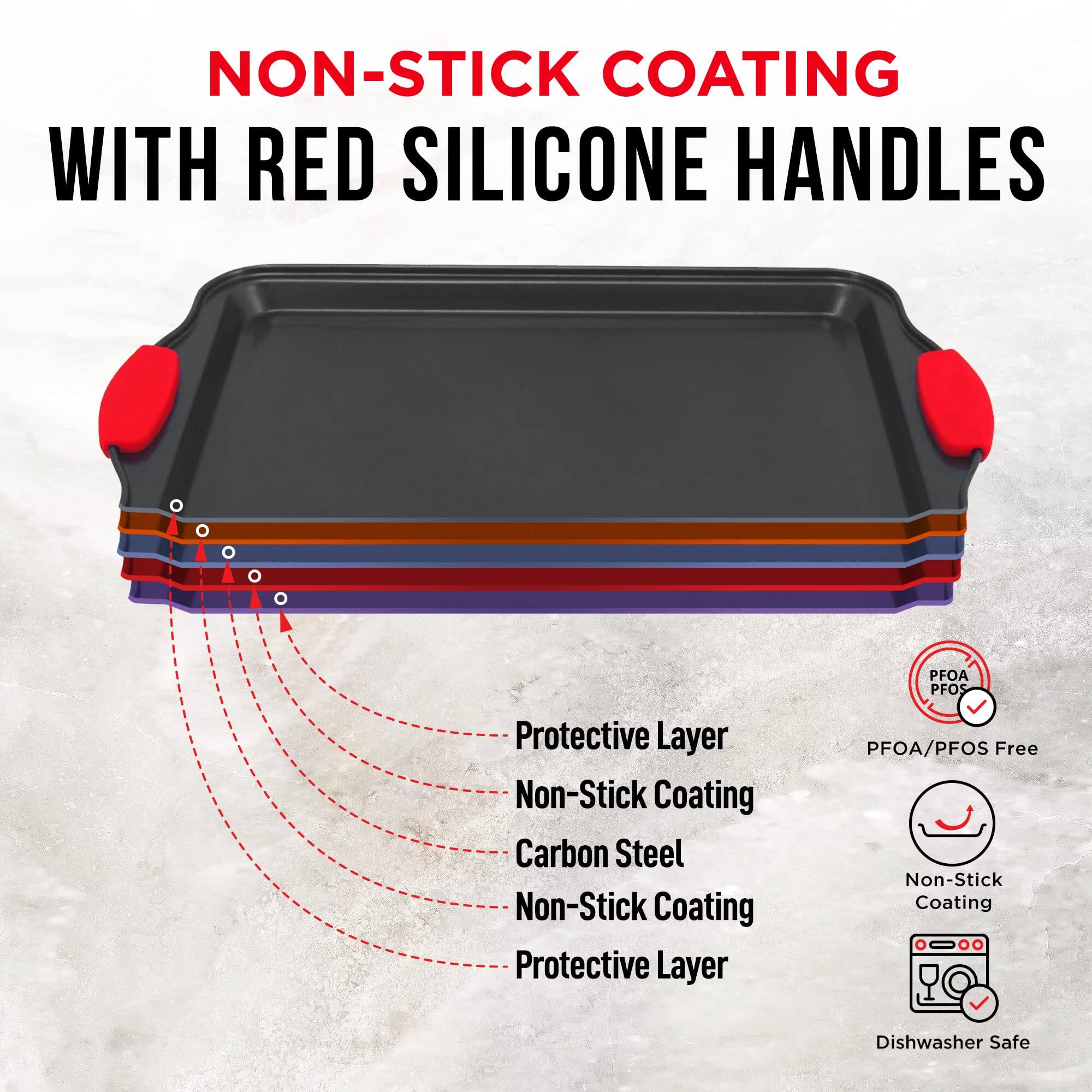 NON-STICK COATING WITH RED SILICONE HANDLES

PFOA/PFOS Free
Protective Layer
Non-Stick Coating
Carbon Steel
Non-Stick Coating
Protective Layer
Dishwasher Safe