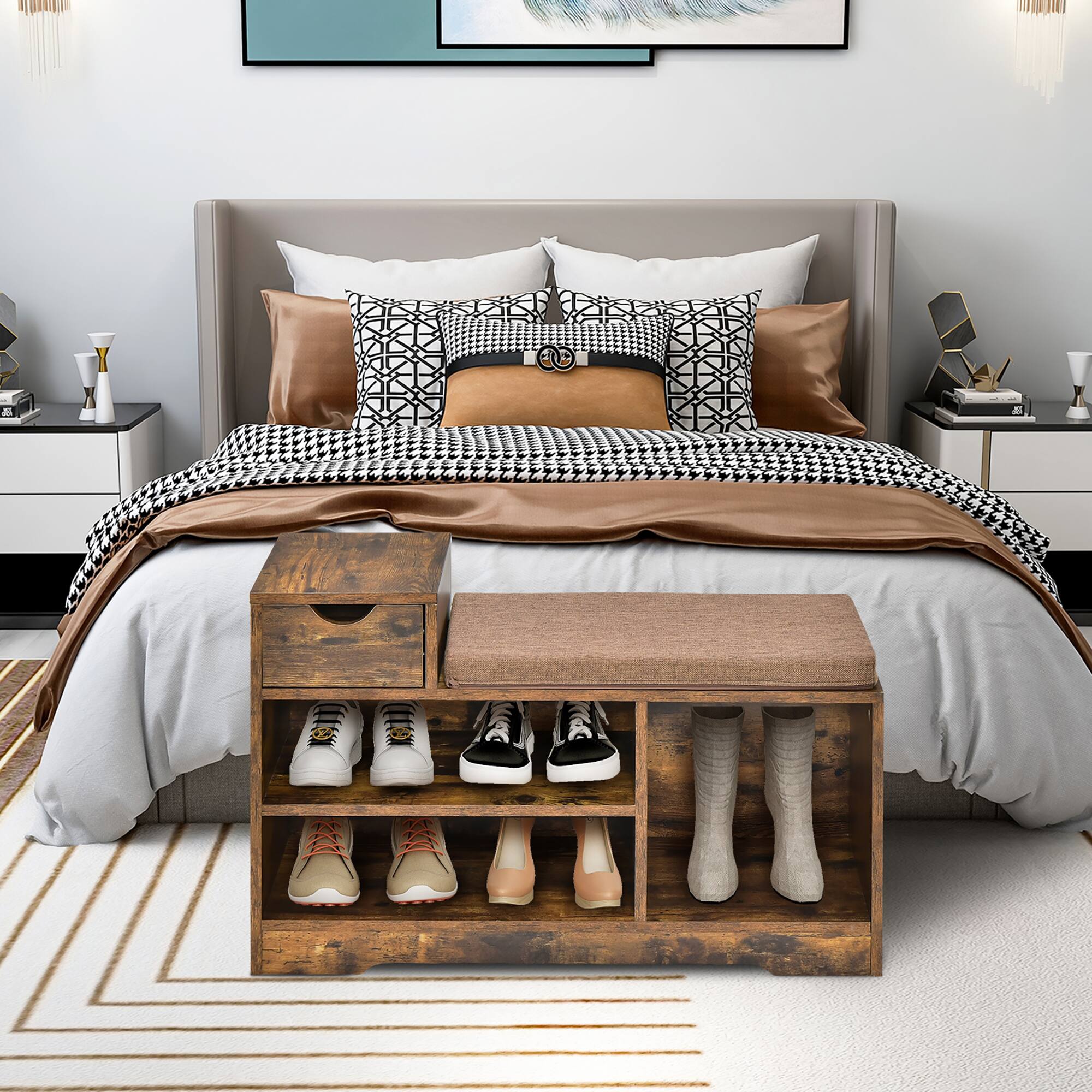 Alt View 19. Costway - 2-tier Shoe Bench Storage Shoe Rack Organizer Cabinet with Cushion for Entryway - Rustic Brown.