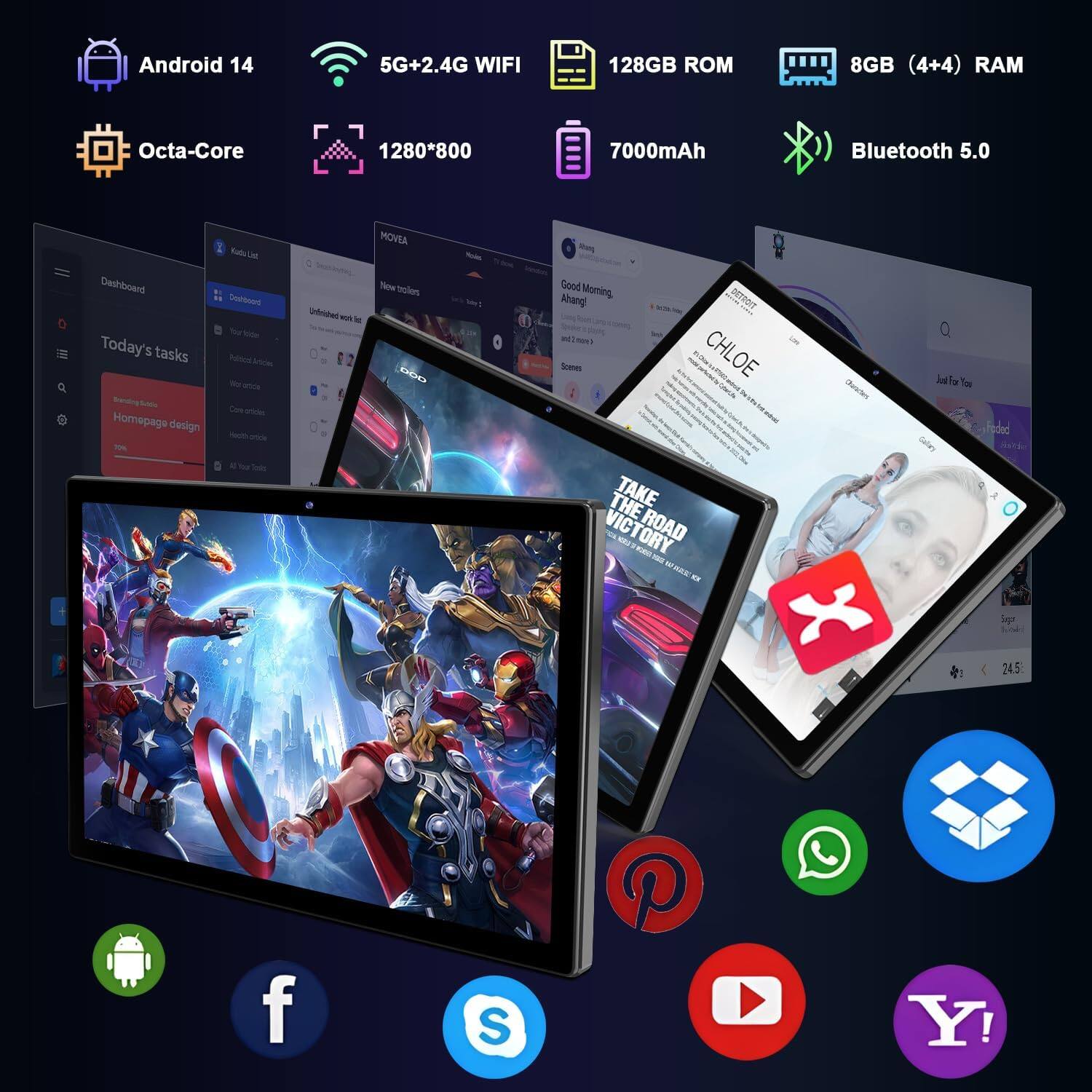 Android 14, 5G+2.4G WIFI, 128GB ROM, 8GB (4+4) RAM, Octa-Core, 1280*800, 7000mAh, Bluetooth 5.0

Today's tasks, Sanigho, Homepage design - Rl, Doersmont ~ Soe Pallond, Jrine -r anis Cars ade - a T Odnidec - - 2, MOVEA Name haolen ada - Good Morning Ahang nEToIT - 1 Som CHLOE - THE TAKE VICTORY - ORY ROAD M - Jal a Tor Feded le 245 f S Y!