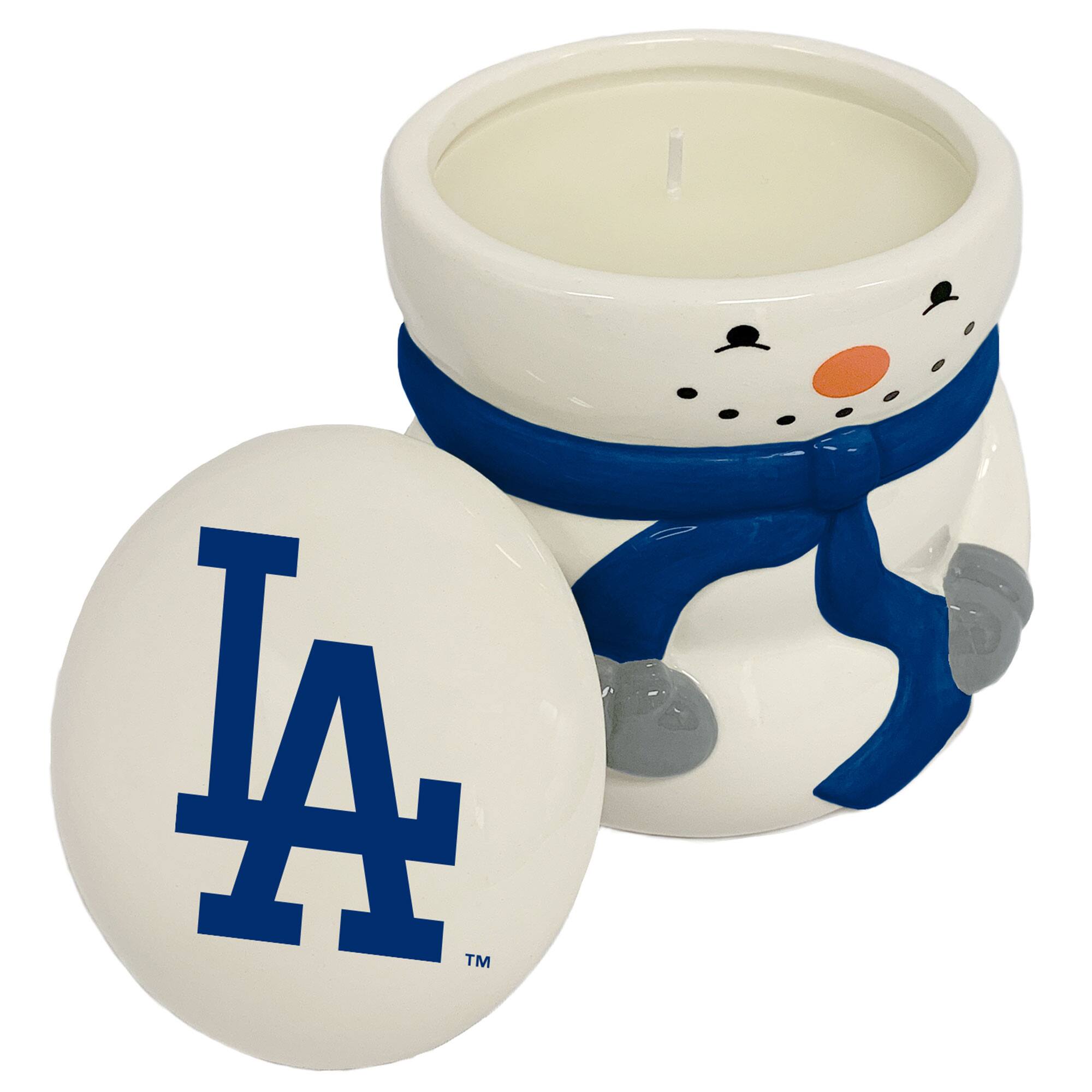 Front. Pegasus - Los Angeles Dodgers 12.5oz. Holiday Snowman Ceramic Candle - Multicolor.