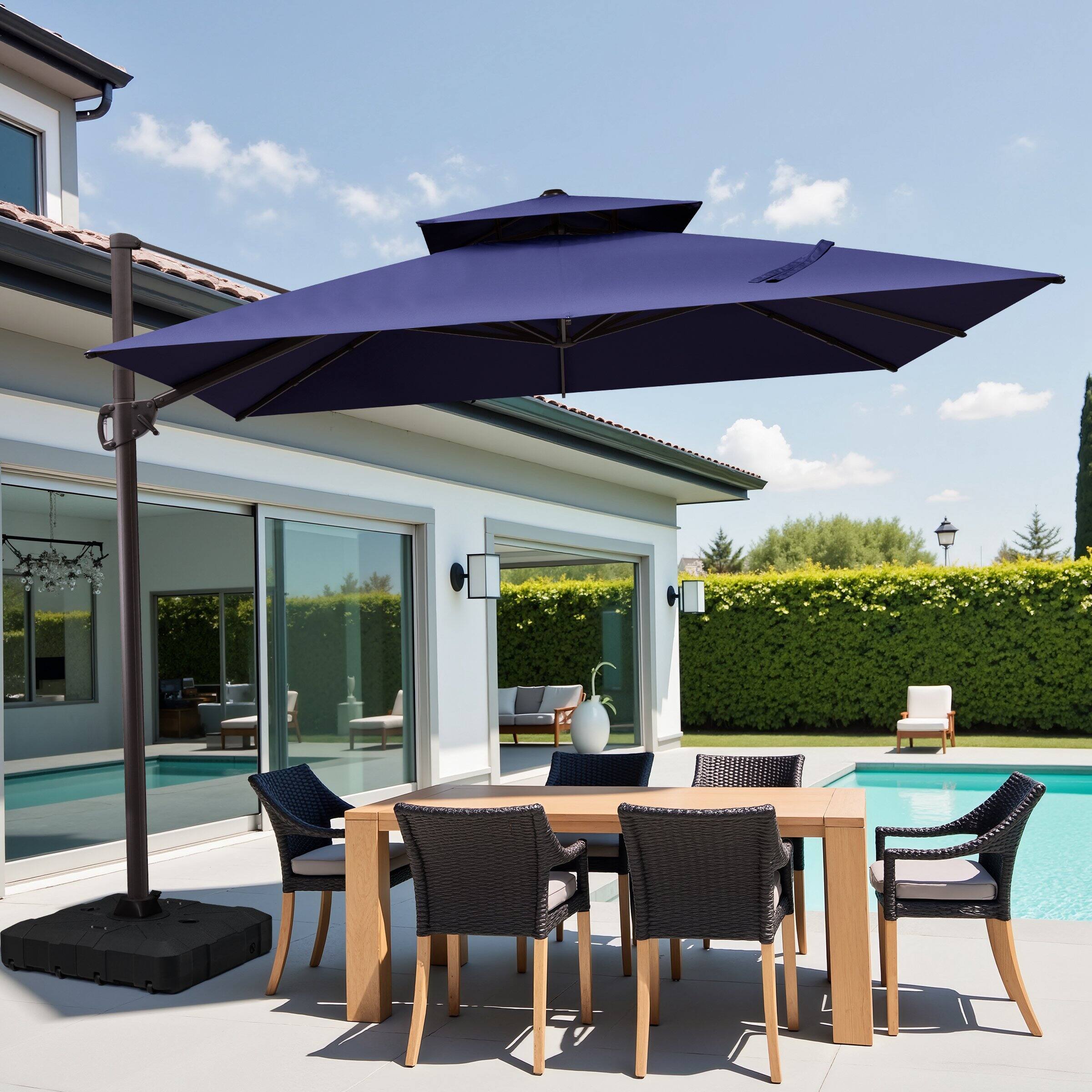 Alt View 5. Crestlive Products - Crestlive Products 11x11ft Aluminum Double Top Crank Cantilever Patio Umbrella with Base - Navy blue.