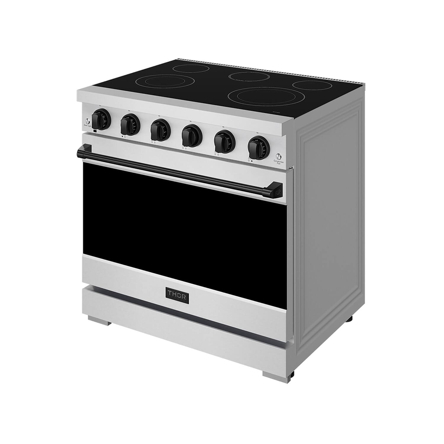 Angle. Thor Kitchen - Gordon Ramsay Series by Thor Kitchen 6.0 Cu. Ft Freestanding Electric Range with Black Hardware - Stainless Steel.