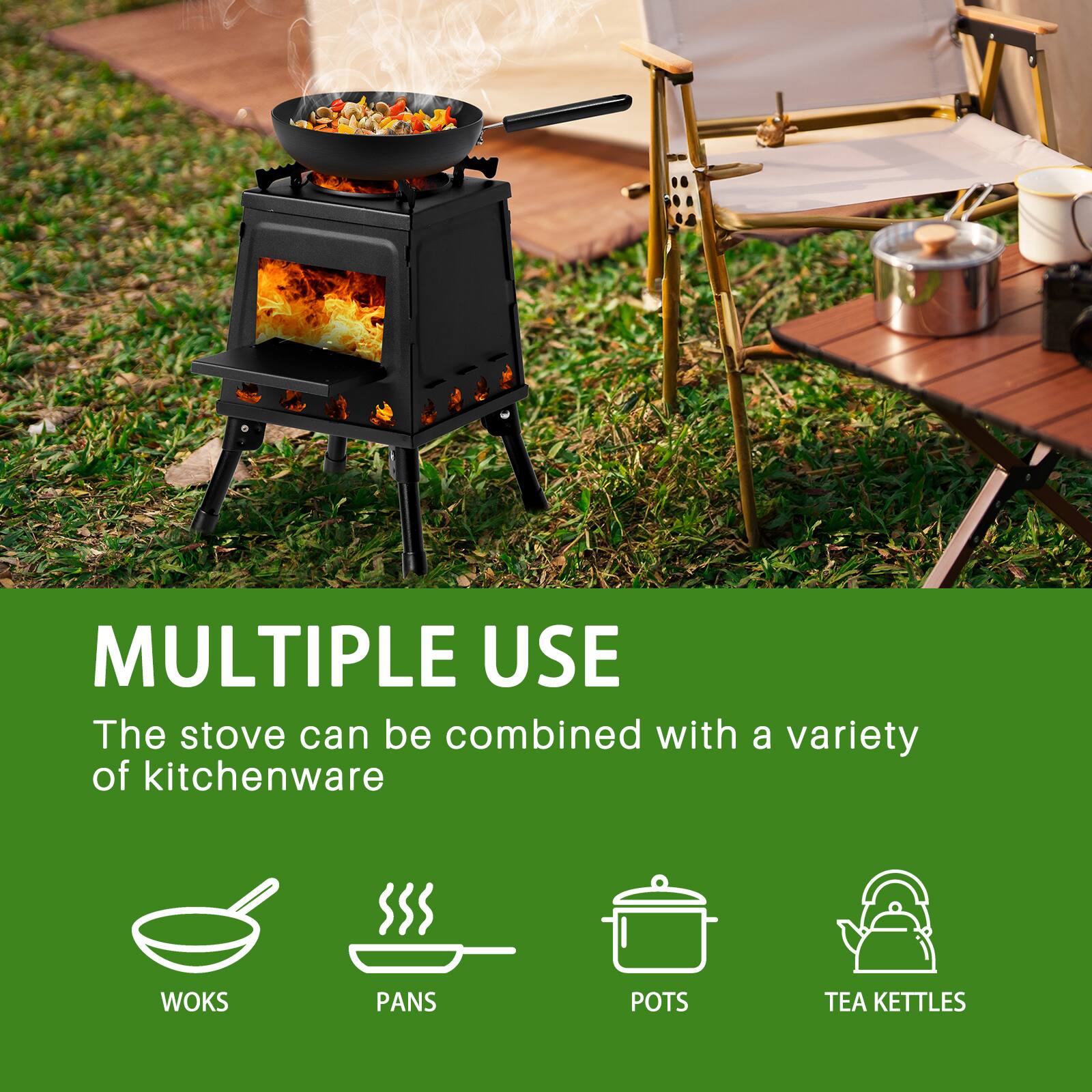 Alt View 2. Winado - Wood Burning Tent Stove, Portable, for Outdoor Camping, Outside - Black.