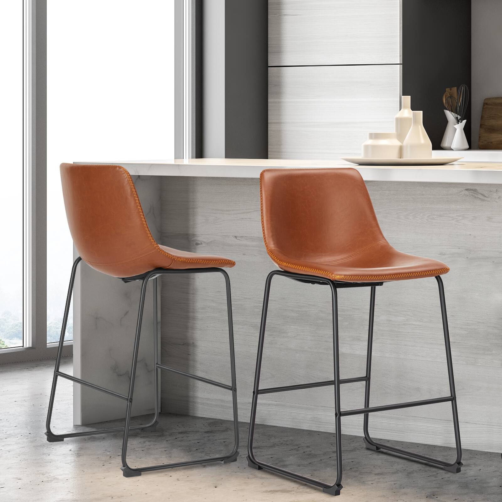 Alt View 2. PexFix - Industrial Bar Stools, Set of 2, Upholstery Armless Leather with Metal Legs, Footrest for Kitchen Island, Home Bar - Brown.
