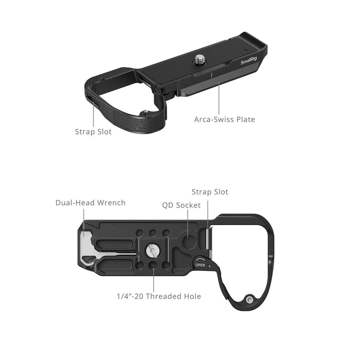 SmallRig  
Strap Slot  
Arca-Swiss Plate  
Dual-Head Wrench  
Strap Slot QD Socket  
OPEN  
1/4"-20 Threaded Hole