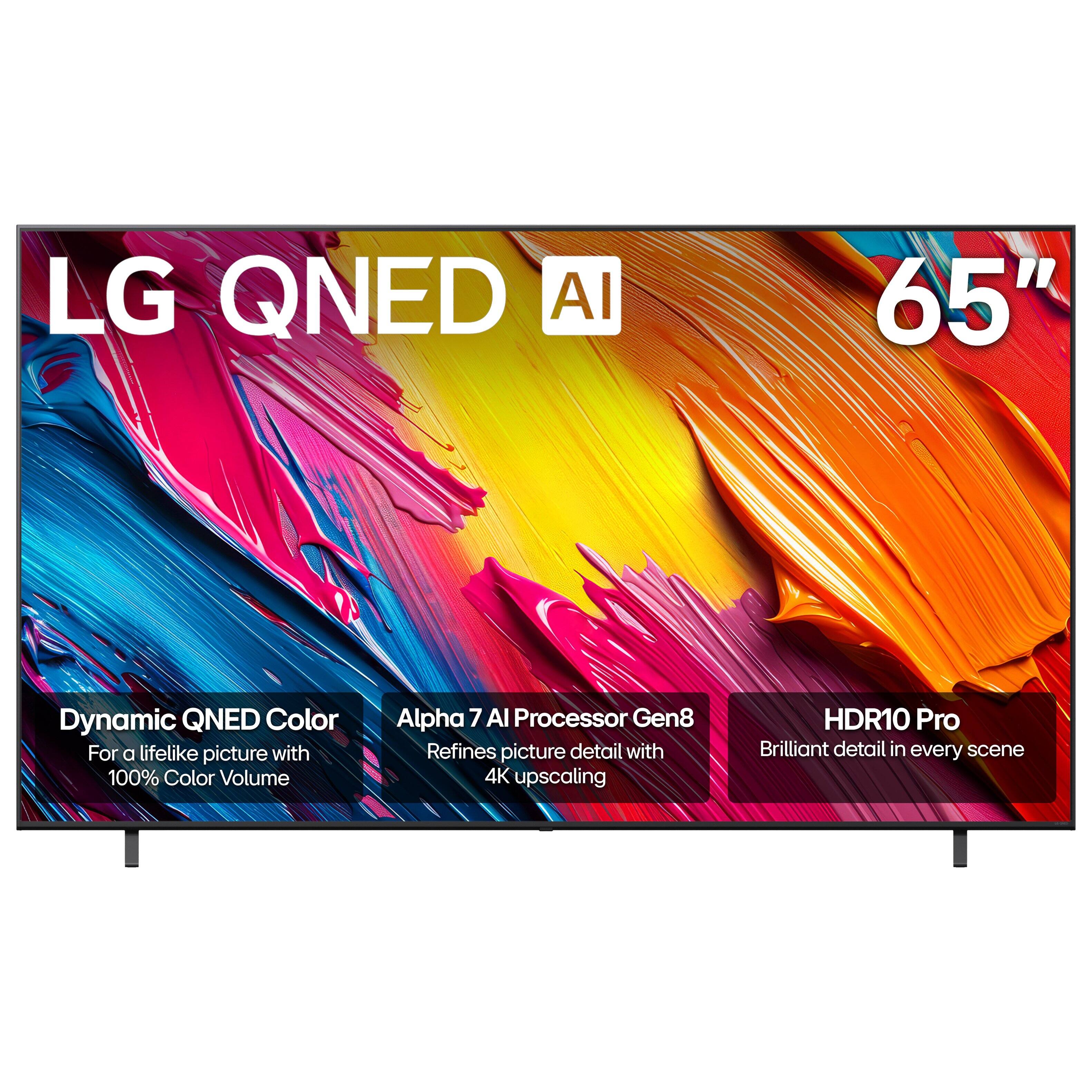 LG QNED AI  
65"  

Dynamic QNED Color  
For a lifelike picture with 100% Color Volume  

Alpha 7 AI Processor Gen8  
Refines picture detail with 4K upscaling  

HDR10 Pro  
Brilliant detail in every scene