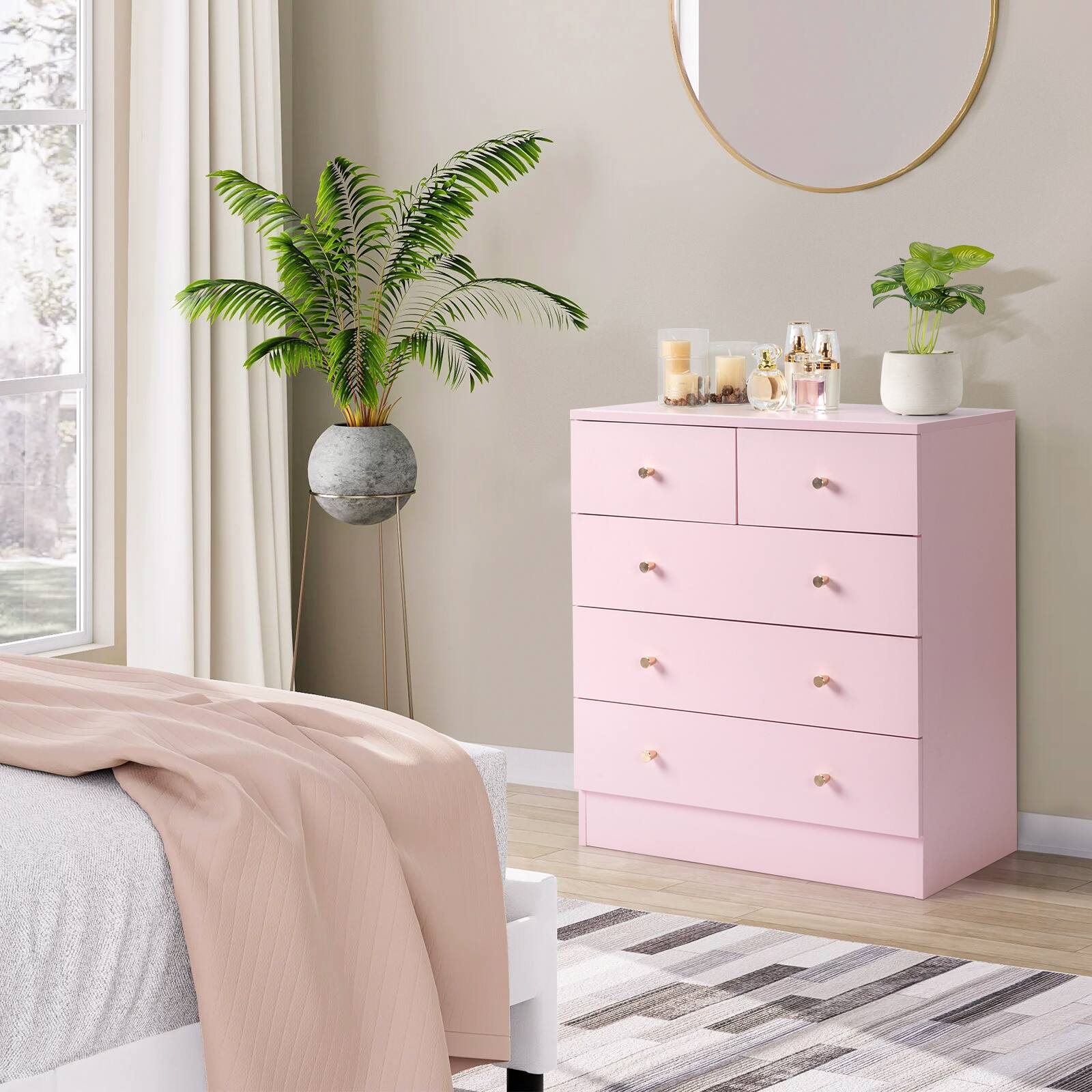 Alt View 2. Kadyn - 5 Drawer Dresser with Gold Handle, Nursery Dresser Chest Of Drawers Organizer - Pink.