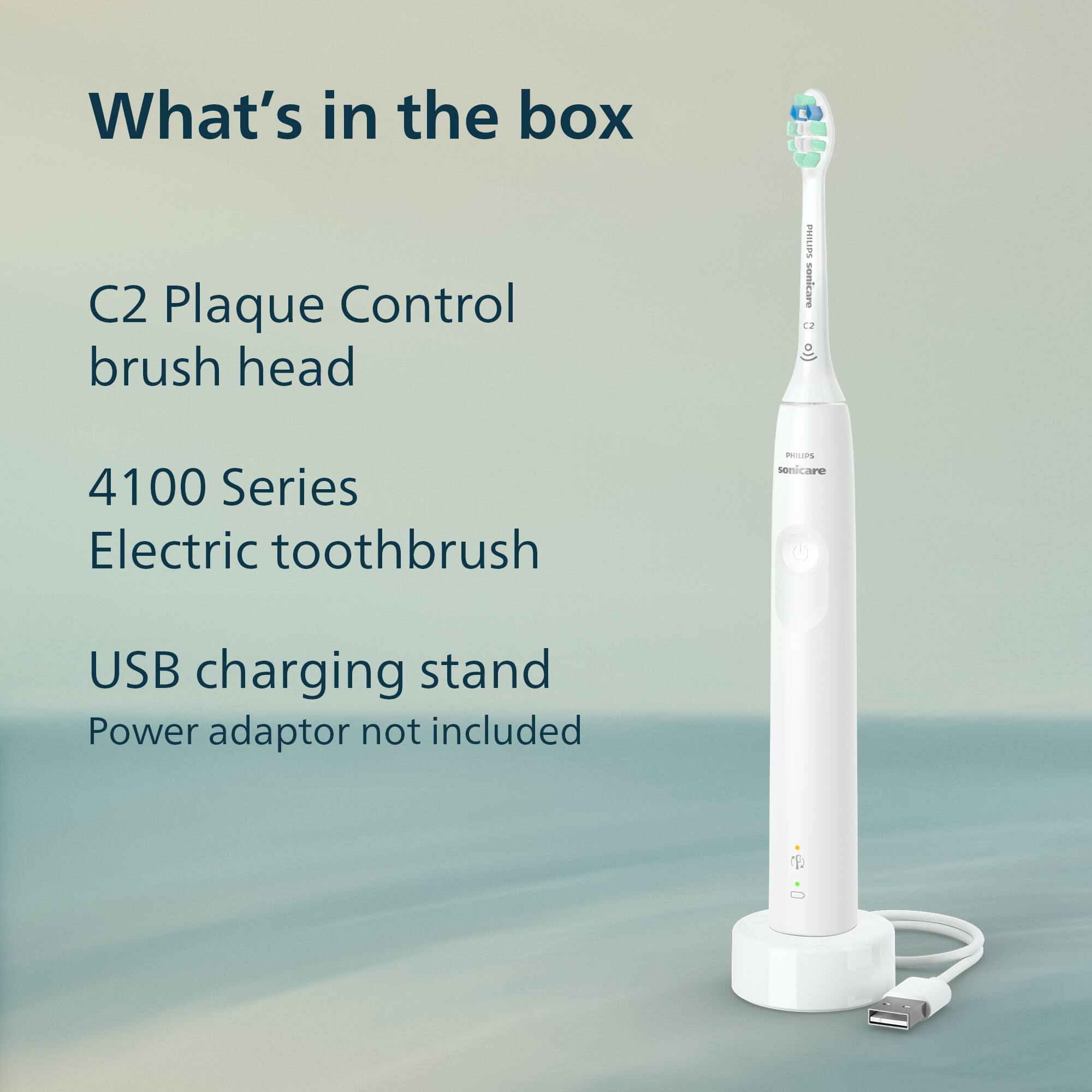 What's in the box

C2 Plaque Control brush head

4100 Series Electric toothbrush

USB charging stand

Power adaptor not included