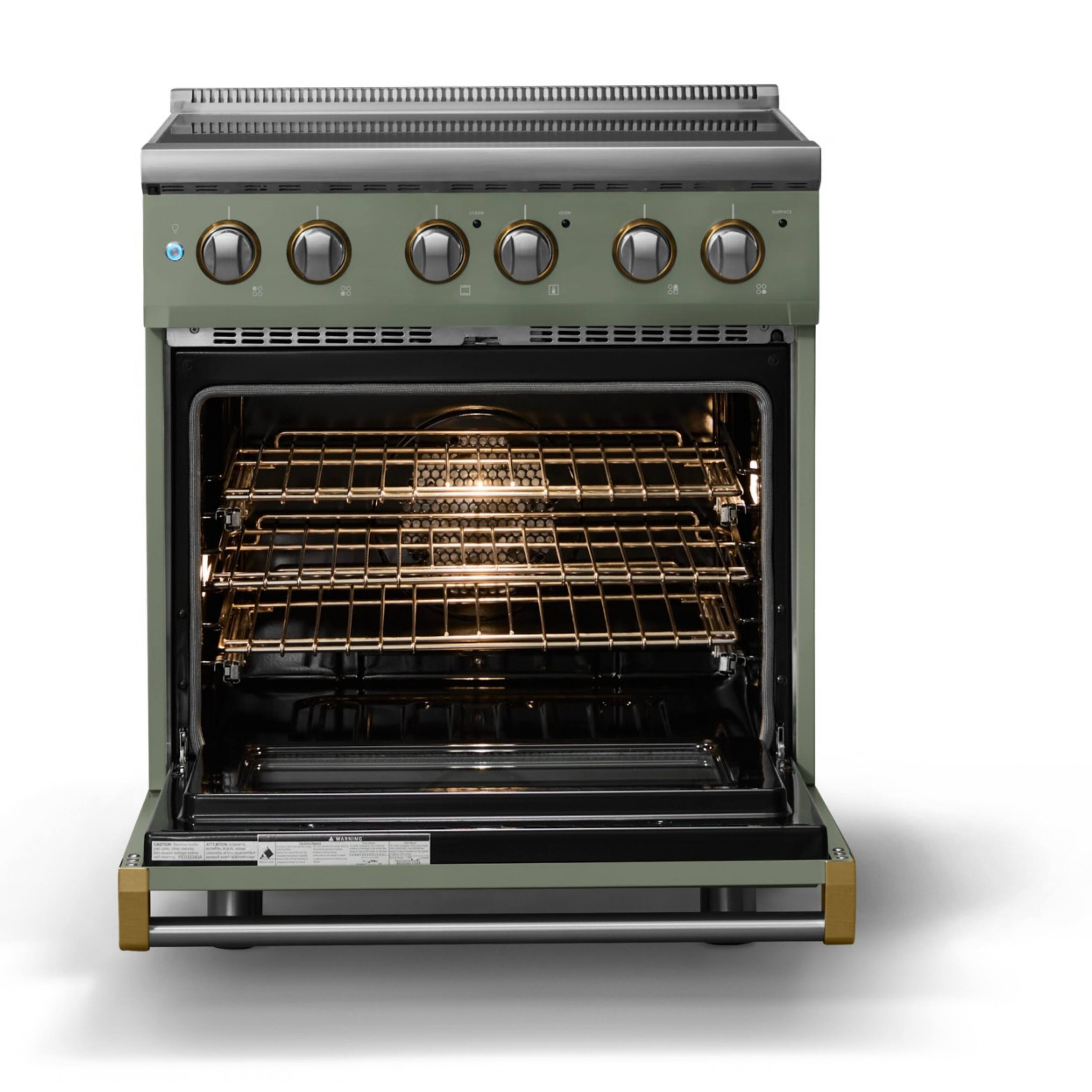Alt View 2. Viking - 30"W. Pro5S 4.7 Cu. Ft. Freestanding 4 Element  Electric Convection Range - Eucalyptus/Brushed Brass - Eucalyptus.