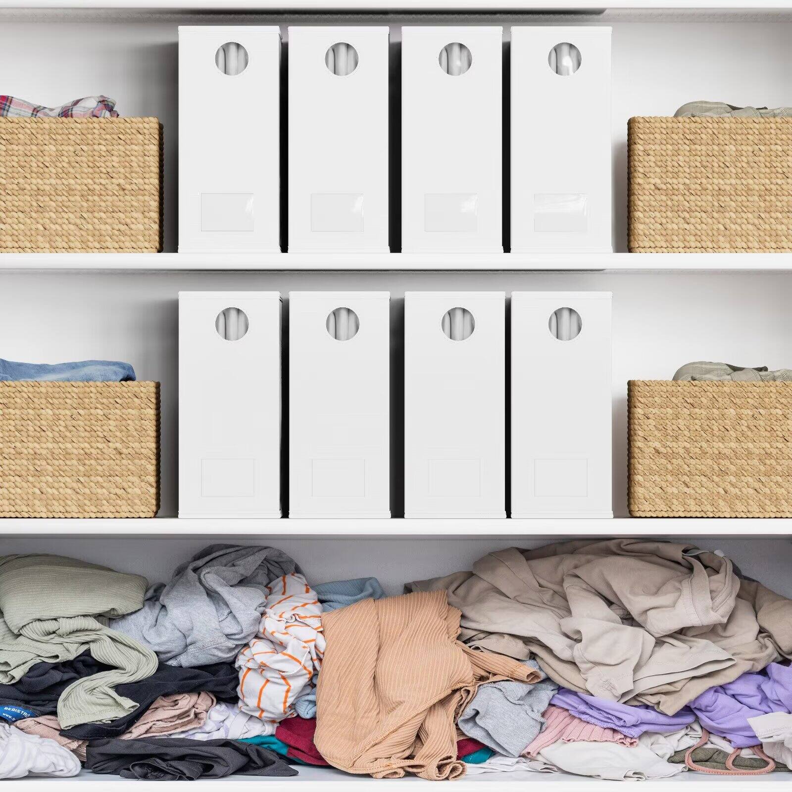 Back. Tooloton - Bed Sheet Organizers 8 Pack, Linen Closet Storage with Window, Queen King Size Bedding Container, White - White.