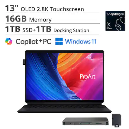 13" OLED 2.8K Touchscreen
16GB Memory
1TB SSD + 1TB Docking Station
Copilot + PC
Windows 11
Snapdragon X Plus
ProArt