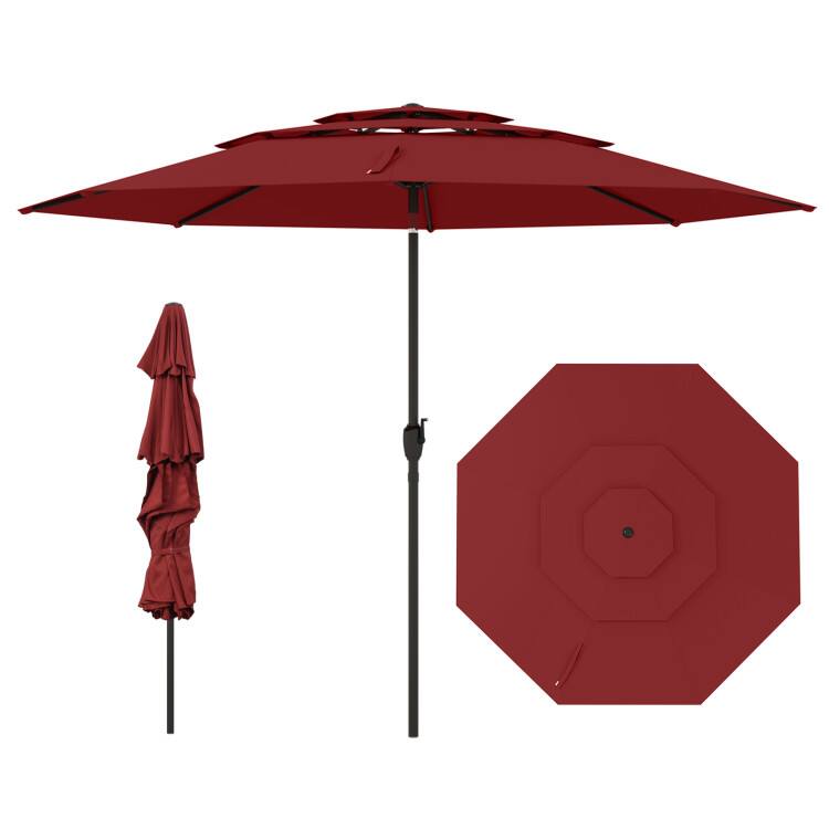 Front. SlickBlue - 3-Tier Vented Outdoor Patio Umbrella, 10-ft with Tilt Mechanism - Red.