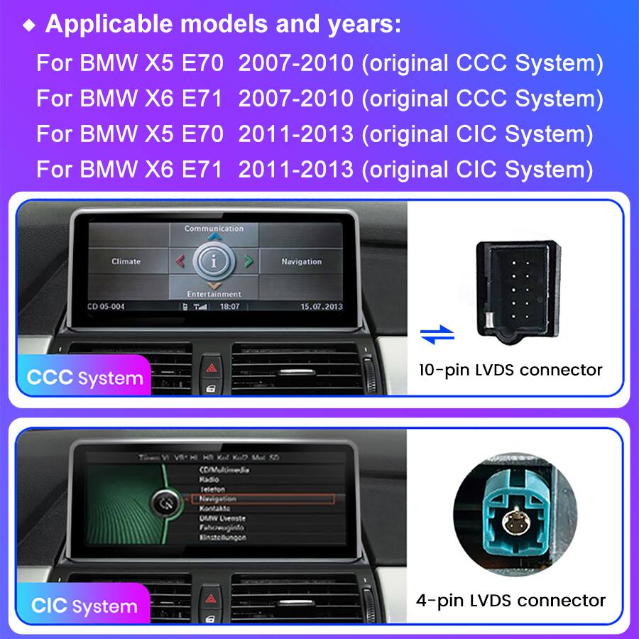 Applicable models and years:

For BMW X5 E70 2007-2010 (original CCC System)  
For BMW X6 E71 2007-2010 (original CCC System)  
For BMW X5 E70 2011-2013 (original CIC System)  
For BMW X6 E71 2011-2013 (original CIC System)  

CCC System  
10-pin LVDS connector  

CIC System  
4-pin LVDS connector