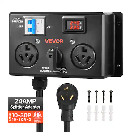 CIRCUIT BREAKER OFF
JIUCE
ON
240 23.0
FREN
VEVOR H 30Y 7082-051 X 10-3028 NEC S HARGING MAXIMUM: 24UVAC 24A
DELSO
FF 304 BASSON 10-3128
24AMP Splitter Adapter ON SEMA 10-30P C EAP US 10-30R X 2 Intertek 3125212