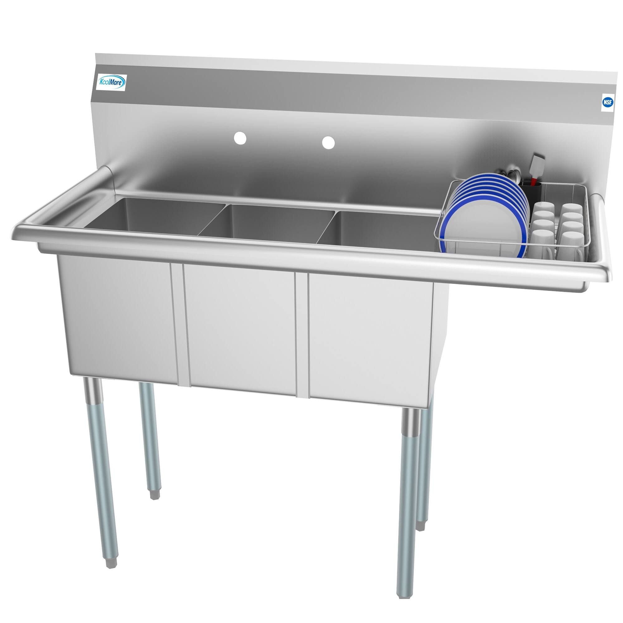 Koolmore - 45 in. Three Compartment Sink with Drainboard, Bowl Size 10"x 14"x 10" SC101410-12R3 - Stainless Steel