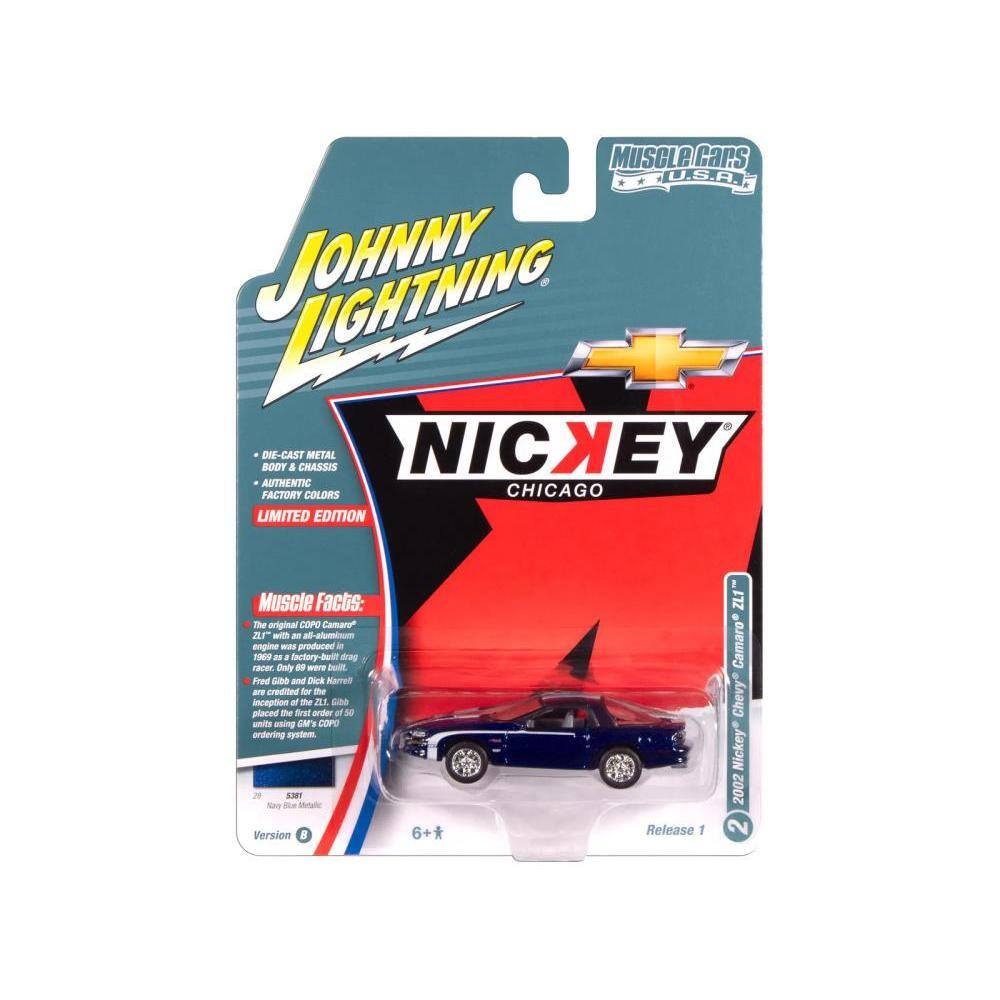 **MUSCLE CARS U.S.A.**

**JOHNNY LIGHTNING**

**NICKEY CHICAGO**

**LIMITED EDITION**

**Muscle Facts:**

The original COPO Camaro ZL1 with a 427 cubic-inch aluminum engine was produced in 1969 at the factory. Only 98 were built. Fred Gibb and Dick Mamel are credited with the inception of the ZL1. Fred Gibb placed the first order of 50 units using GM's COPO ordering system.

**DIE-CAST METAL BODY & CHASSIS**

**AUTHENTIC FACTORY COLORS**

**2002 Chevy Nickey Chicago**

**Release 1**

**Version 8**

**6+**