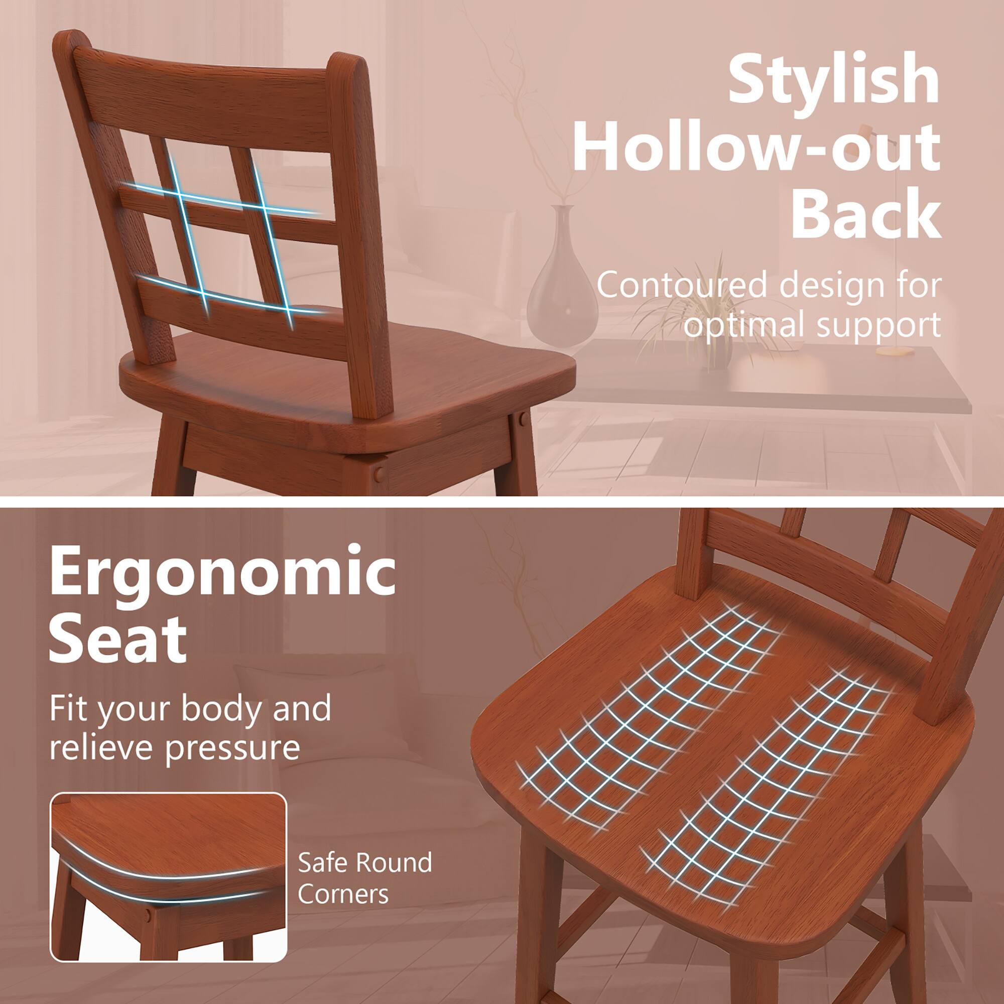 Stylish Hollow-out Back, Contoured design for optimal support, Ergonomic Seat, Fit your body and relieve pressure, Safe Round Corners